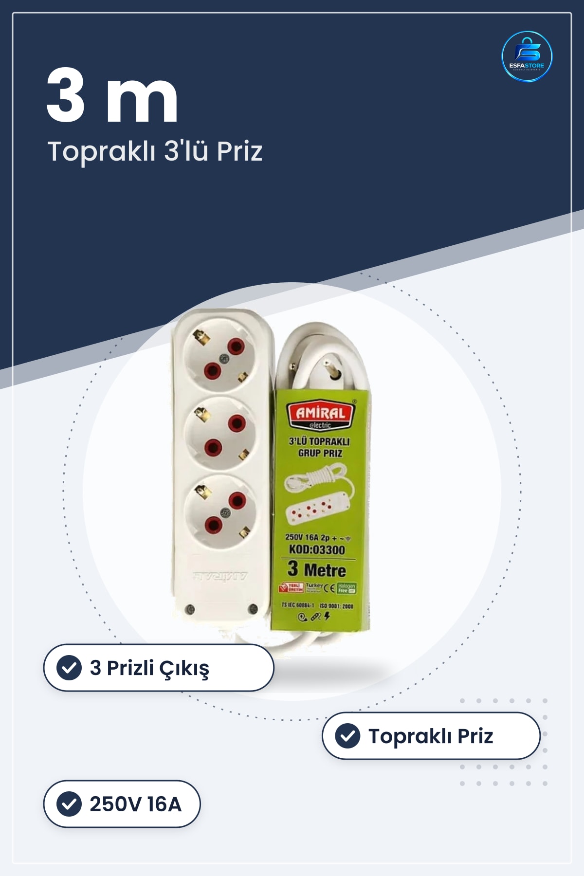 Düz 3 m Grup Priz Uzatma Kablosu 3'lü Topraklı Beyaz 250V 16A Ev Ofis Mutfak Çalışma Alanı