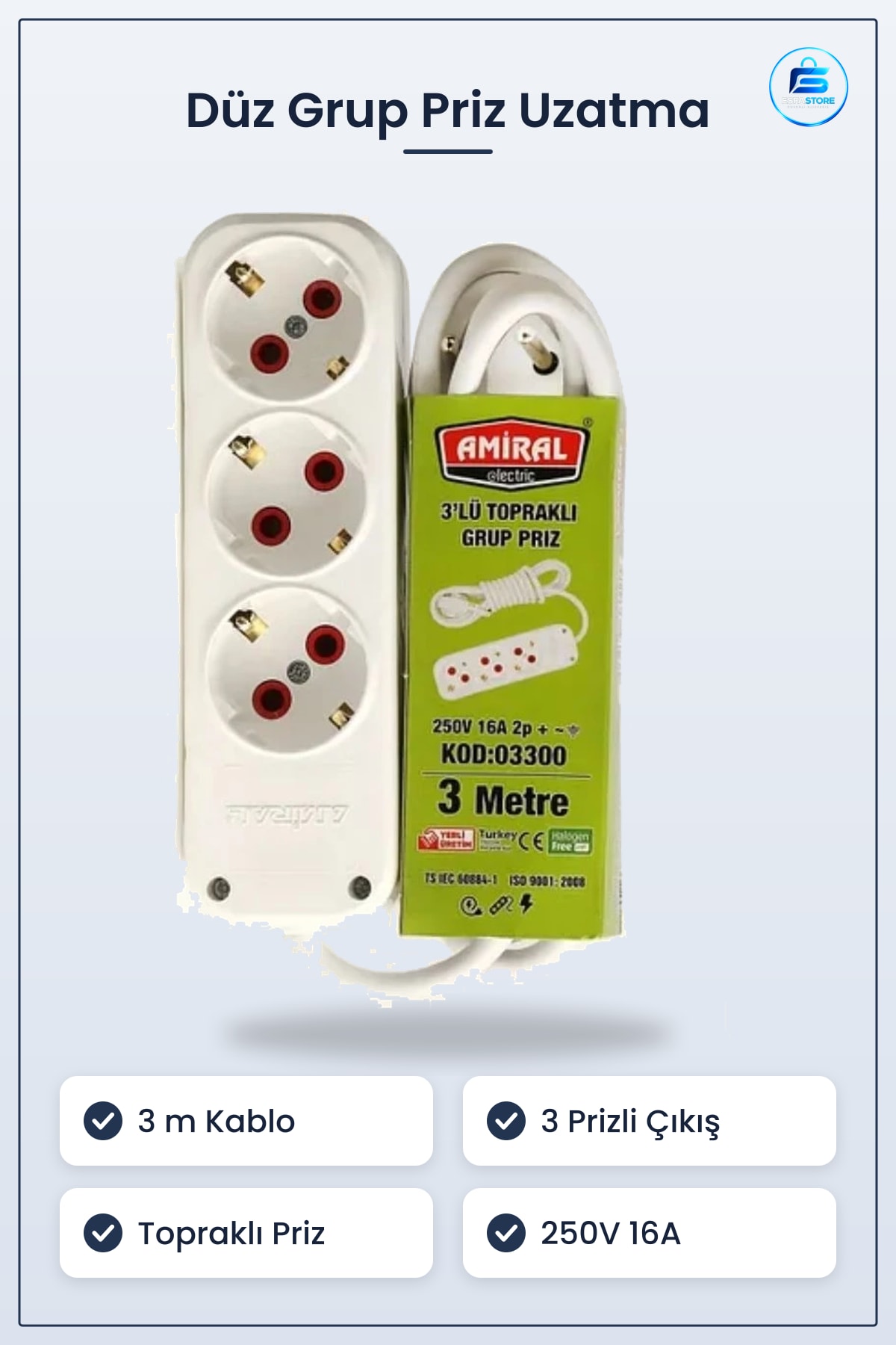 Düz 3 m Grup Priz Uzatma Kablosu 3'lü Topraklı Beyaz 250V 16A Ev Ofis Mutfak Çalışma Alanı