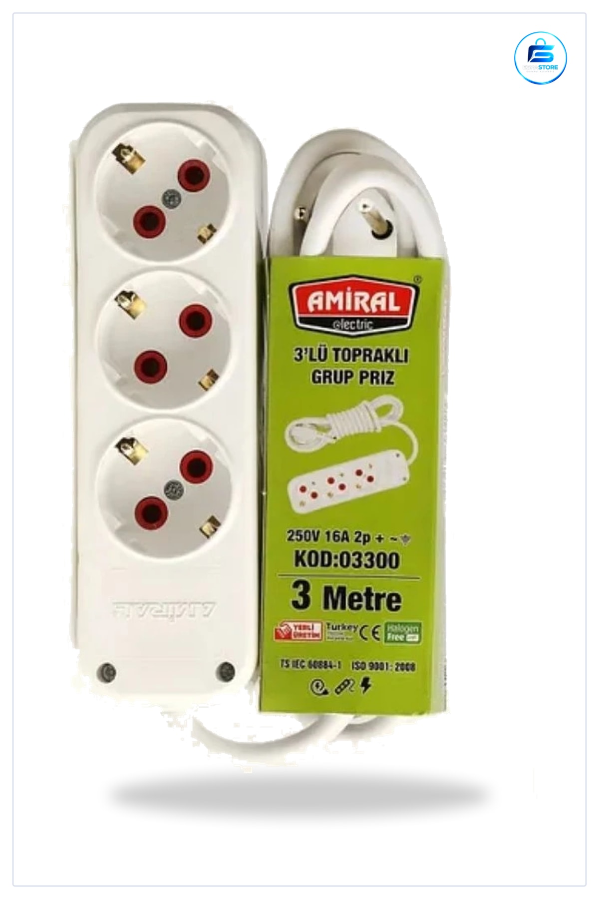 Düz 3 m Grup Priz Uzatma Kablosu 3'lü Topraklı Beyaz 250V 16A Ev Ofis Mutfak Çalışma Alanı
