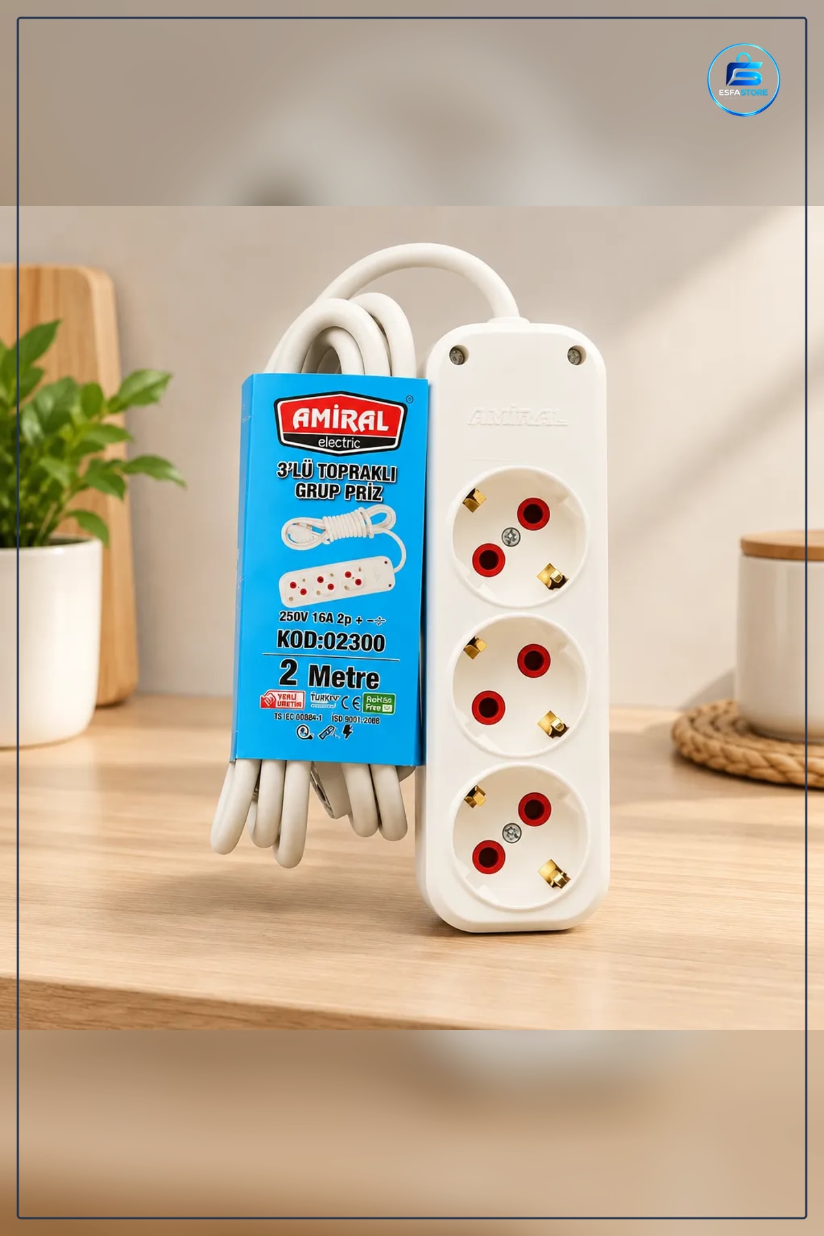 Grup Priz Uzatma Kablosu 2 Metre 3'lü Topraklı Düz Fişli 250V 16A Ev ve Ofis Kullanımı