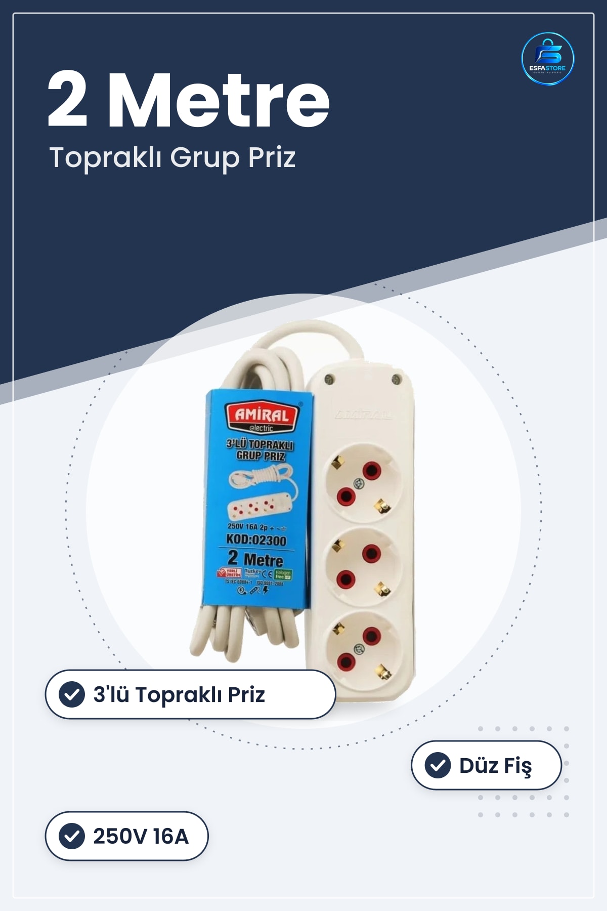 Grup Priz Uzatma Kablosu 2 Metre 3'lü Topraklı Düz Fişli 250V 16A Ev ve Ofis Kullanımı