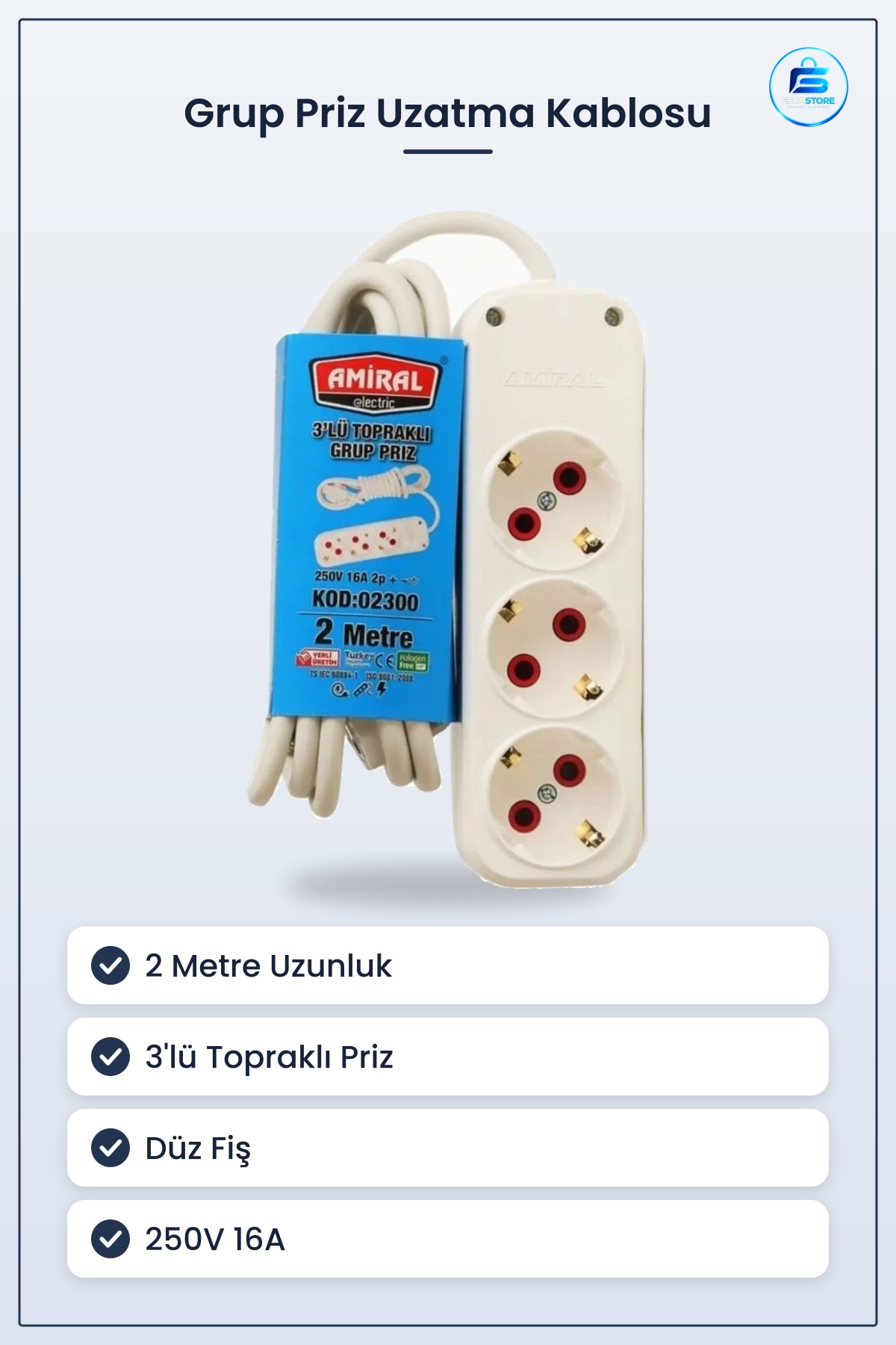 Grup Priz Uzatma Kablosu 2 Metre 3'lü Topraklı Düz Fişli 250V 16A Ev ve Ofis Kullanımı