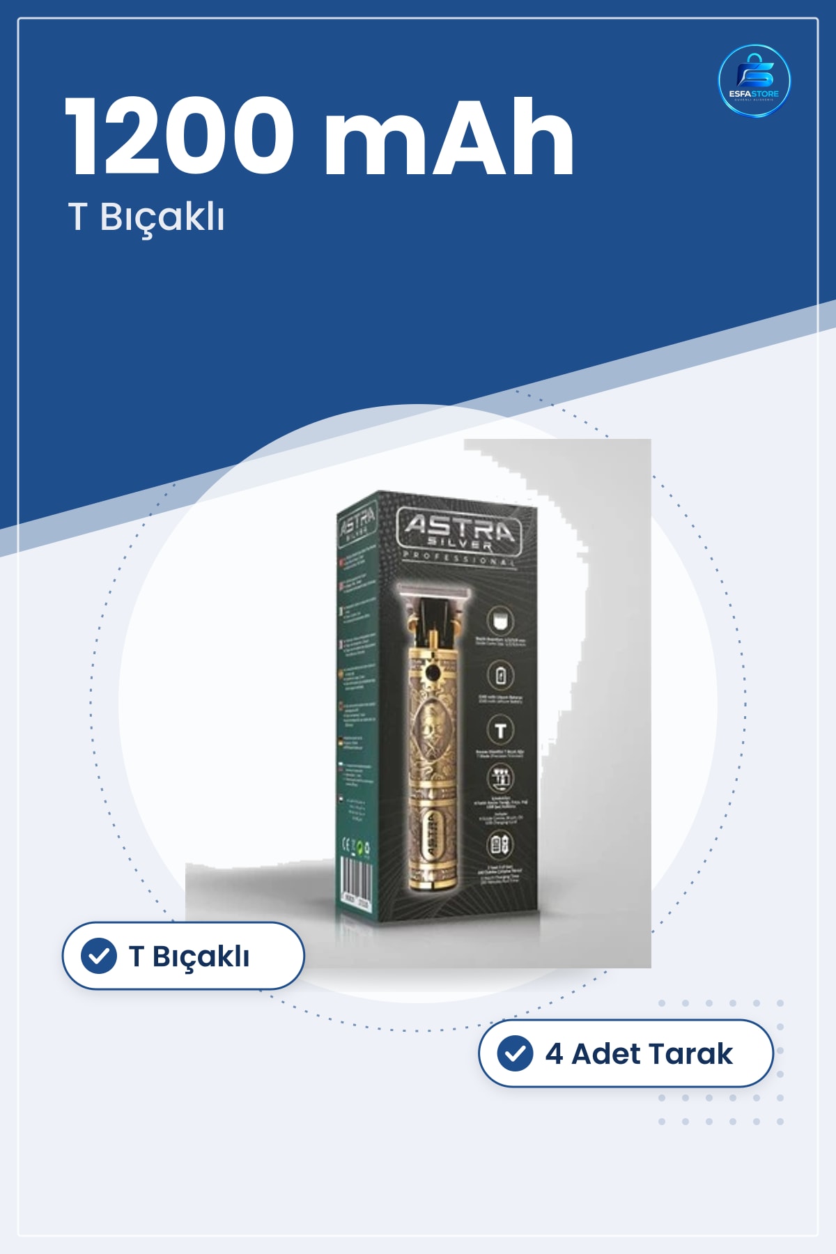 Tıraş Makinesi Saç Sakal Trimmer T Bıçaklı 1200 mAh Şarjlı Erkek Kişisel Bakım Seti Altın Renk