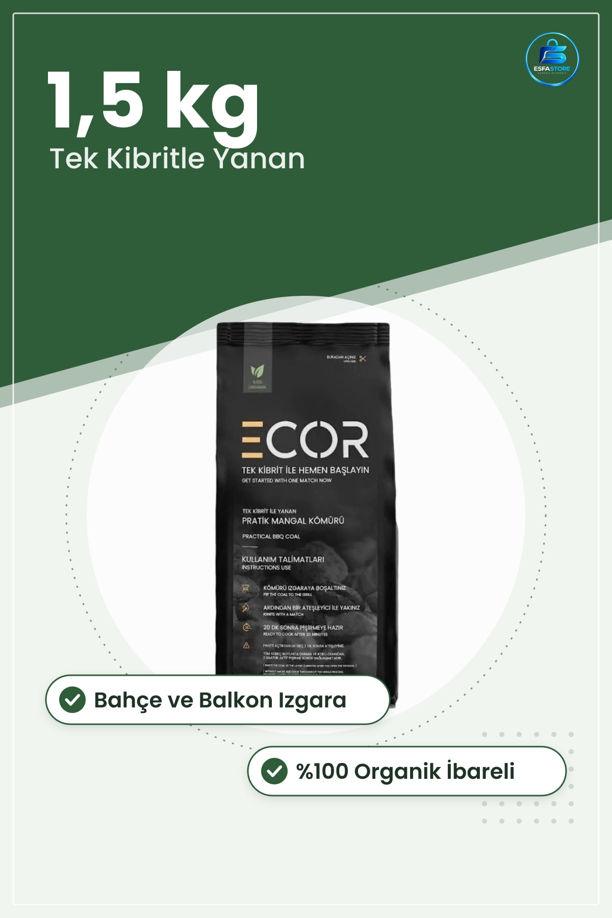 Tek Kibritle Yanan Pratik Mangal Kömürü 1,5 kg Barbekü Yakıtı Bahçe Izgara Ateşleme