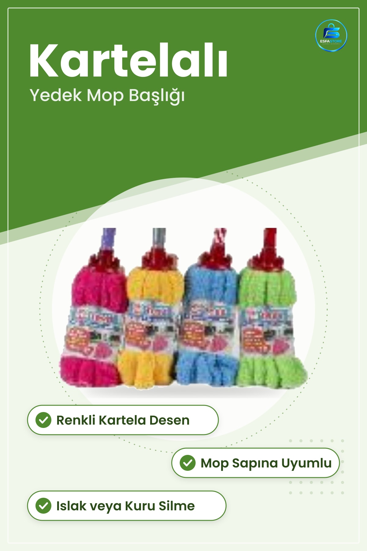 Renkli Kartelalı Mop Yedek Başlığı Paspas Ucu Ev Mutfak Banyo ve Zemin Temizliği İçin