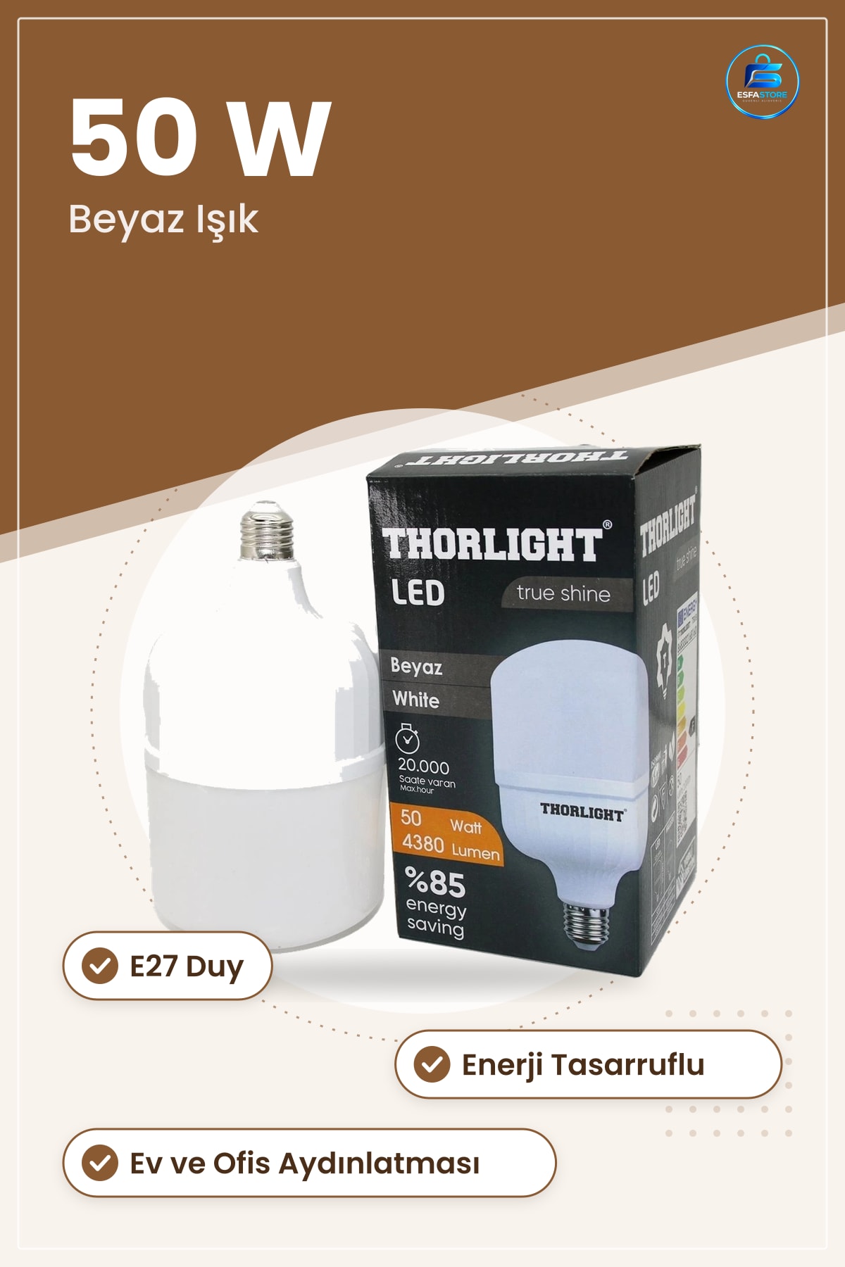 LED Ampul 50 W Beyaz Işık E27 Duy Yüksek Verimli Enerji Tasarruflu Ev ve Ofis Aydınlatması