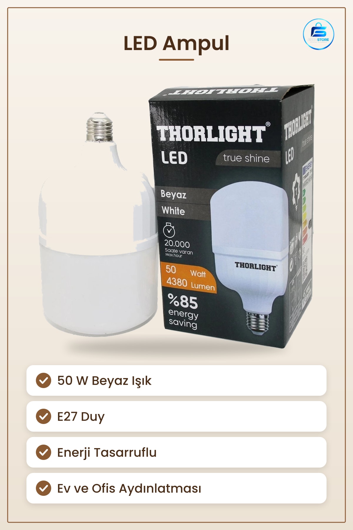 LED Ampul 50 W Beyaz Işık E27 Duy Yüksek Verimli Enerji Tasarruflu Ev ve Ofis Aydınlatması