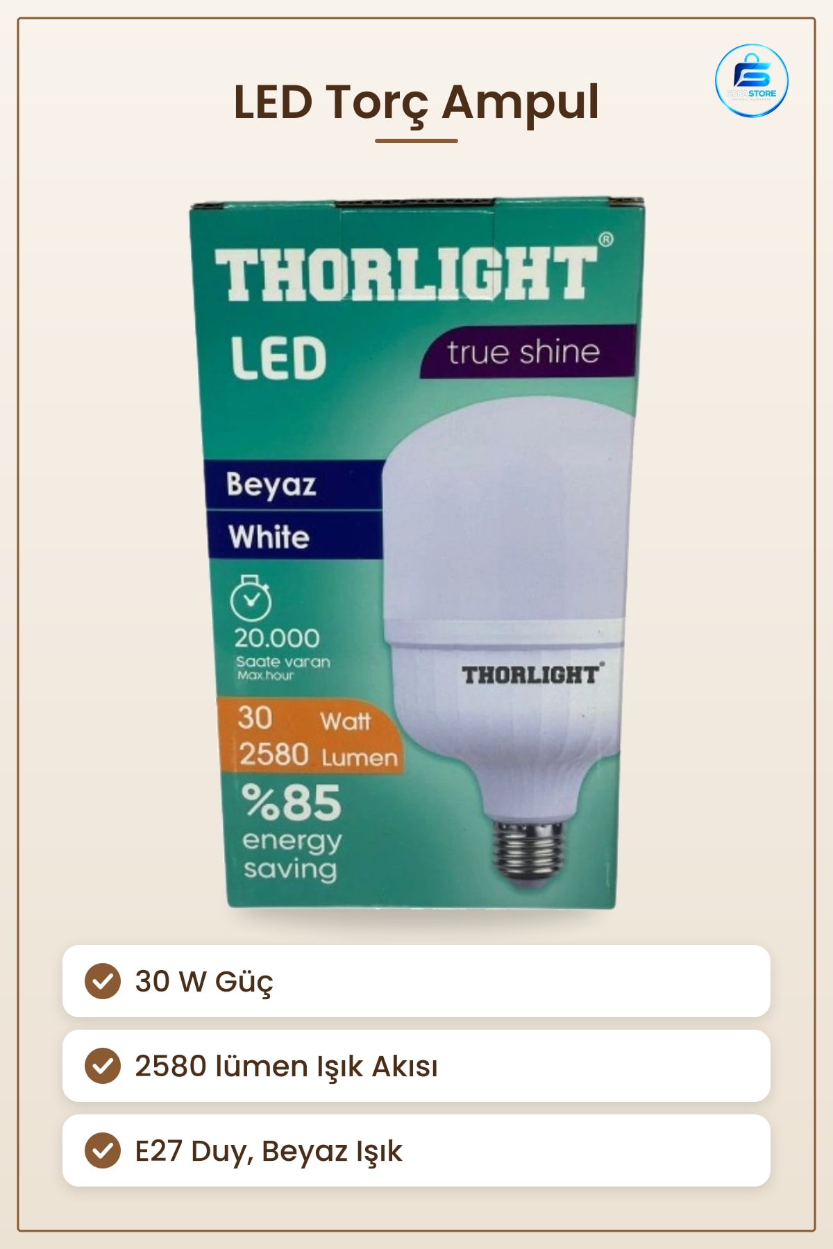 LED Torç Ampul 30 W Beyaz E27 Duylu Lümen Enerji Tasarruflu Aydınlatma Ev Ofis Kullanışlı
