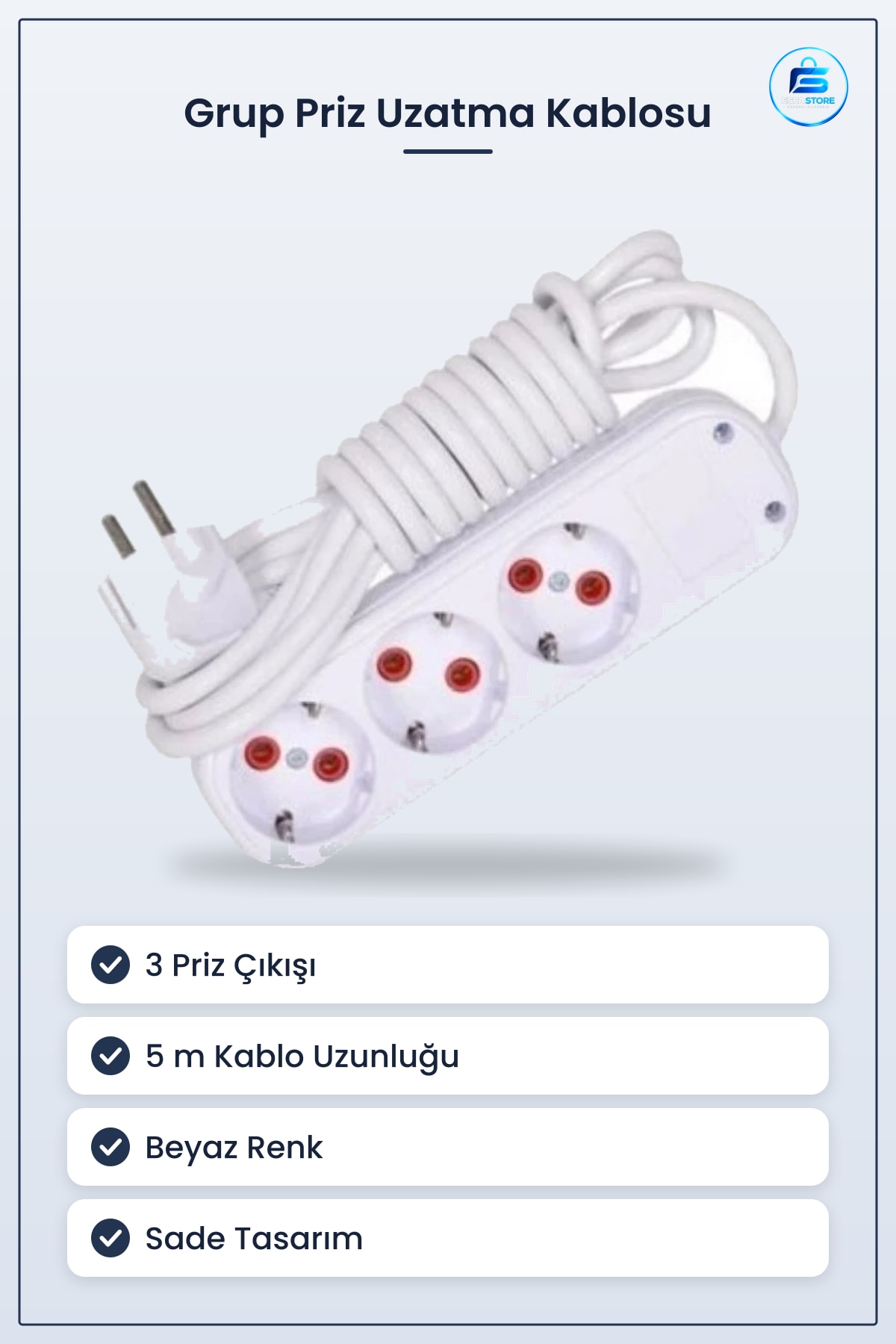 Grup Priz Uzatma Kablosu 3 Prizli 5 m Sade Beyaz Ev Ofis Kullanımı İçin Elektrik Tesisat