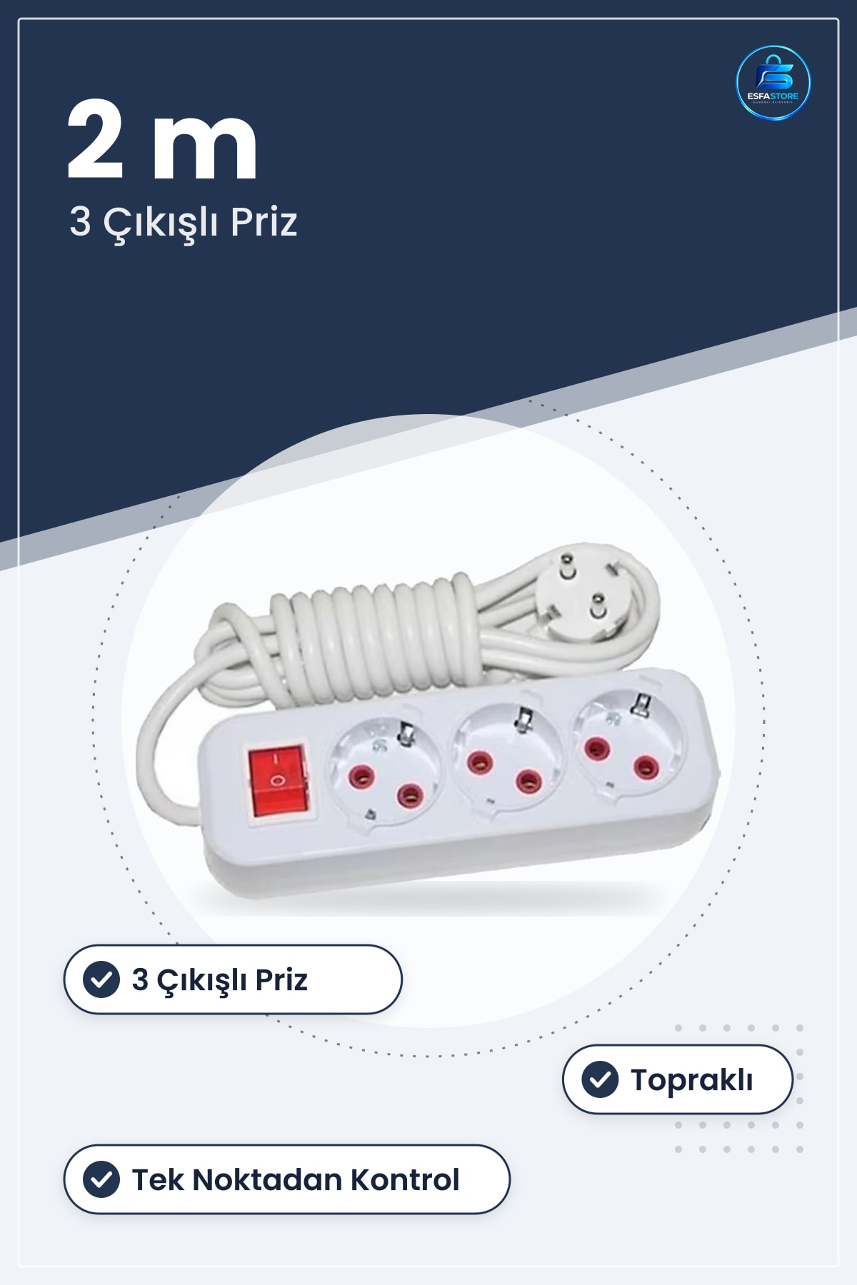 Anahtarlı 2 m Grup Priz Uzatma Kablosu 3 Çıkışlı Topraklı Ev Ofis Mutfak Çoklu Prizi