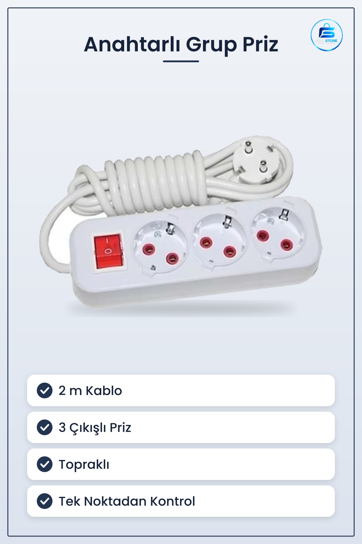 Anahtarlı 2 m Grup Priz Uzatma Kablosu 3 Çıkışlı Topraklı Ev Ofis Mutfak Çoklu Prizi