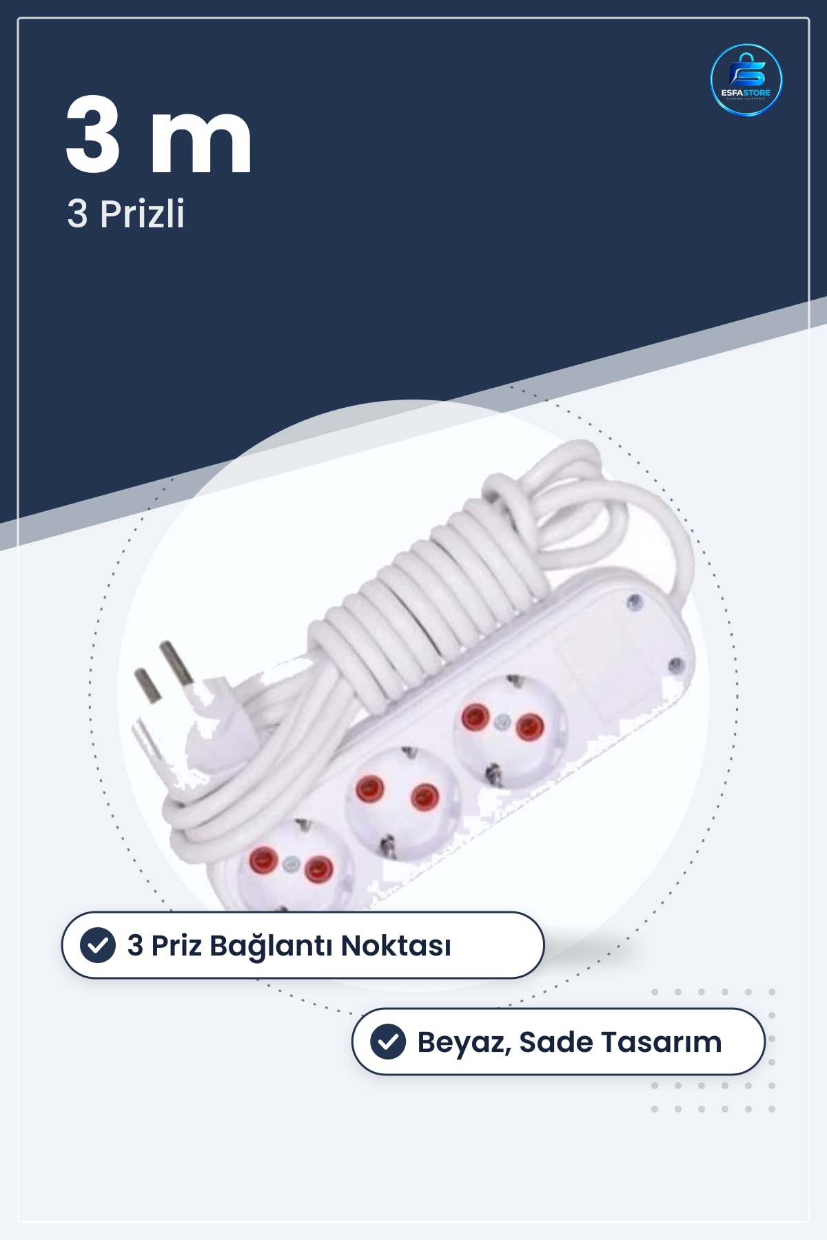 Grup Priz Uzatma Kablosu 3 Prizli m Sade Beyaz Ev Ofis Kullanımı İçin Elektrik Tesisat