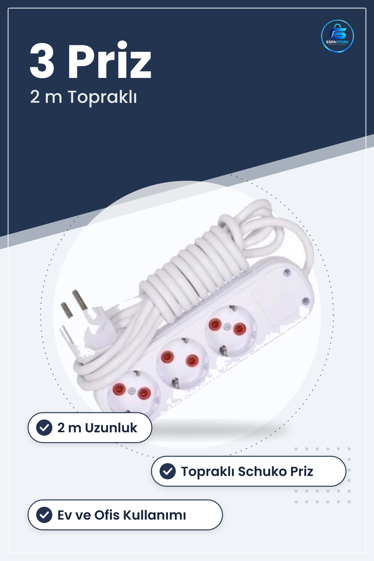 Grup Priz Uzatma Kablosu 3 Prizli 2 m Topraklı Ev ve Ofis İçin Çoklu Elektrik Prizi Beyaz