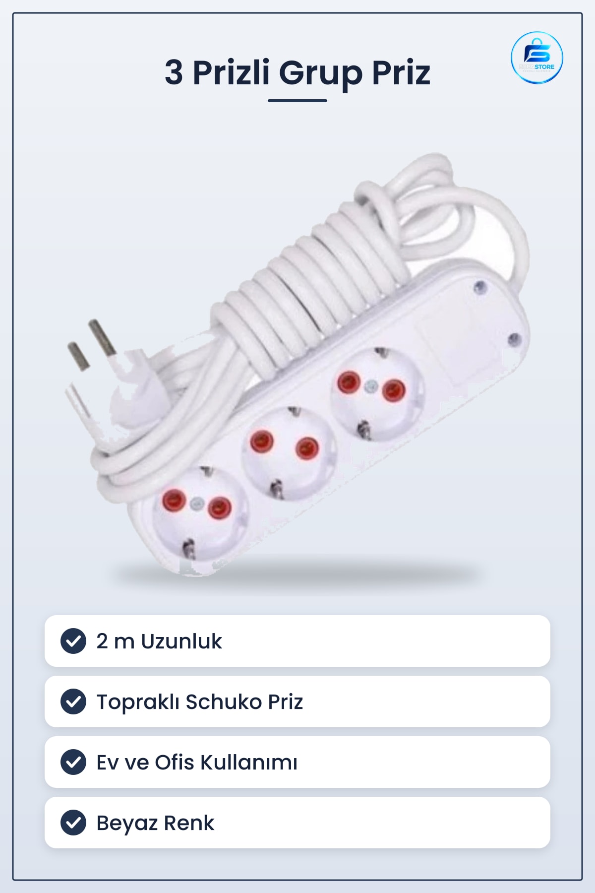 Grup Priz Uzatma Kablosu 3 Prizli 2 m Topraklı Ev ve Ofis İçin Çoklu Elektrik Prizi Beyaz