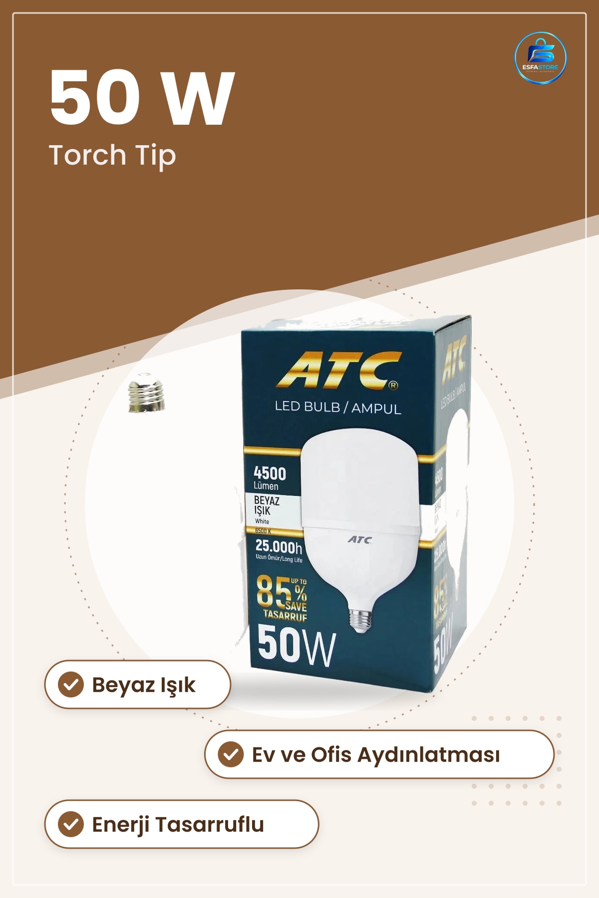 LED Ampul 50 W Torch Tip Lümen K Beyaz Işık Ev ve Ofis Aydınlatması Enerji Tasarruflu
