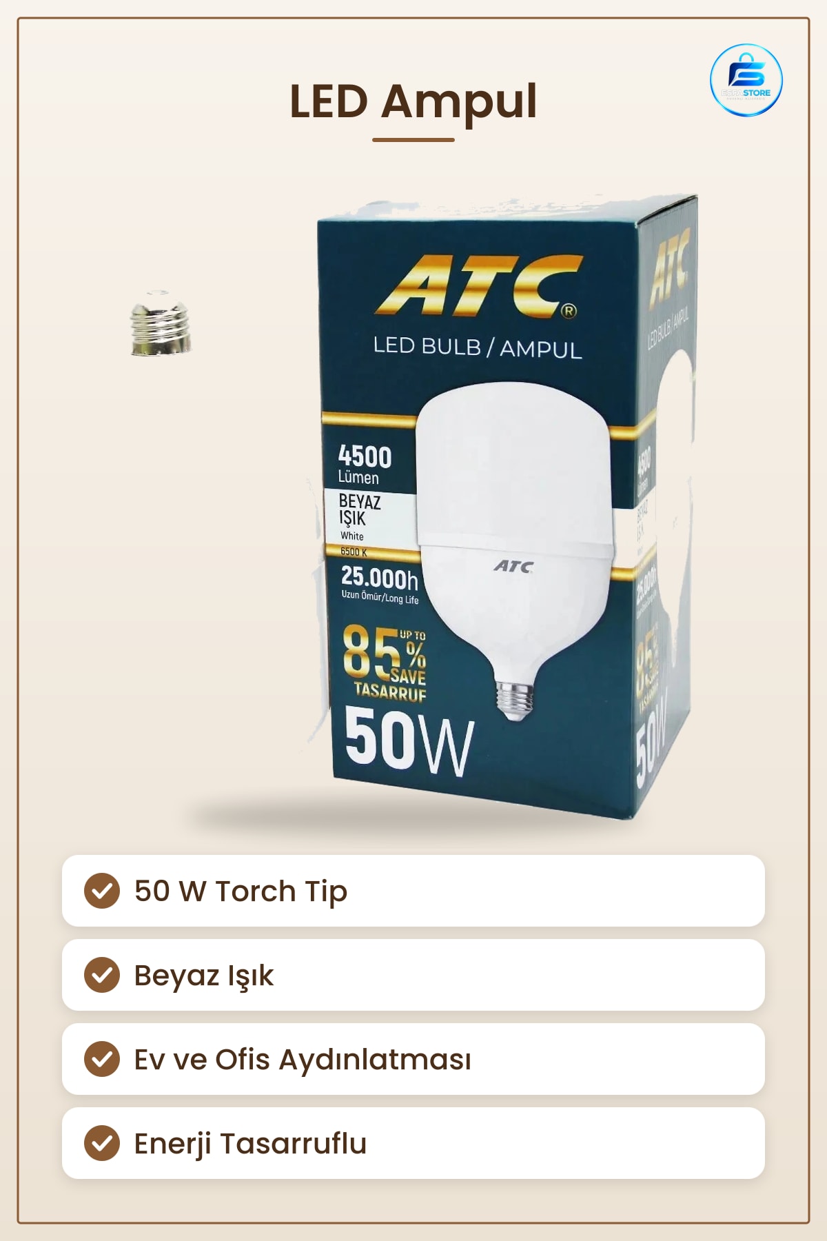 LED Ampul 50 W Torch Tip Lümen K Beyaz Işık Ev ve Ofis Aydınlatması Enerji Tasarruflu