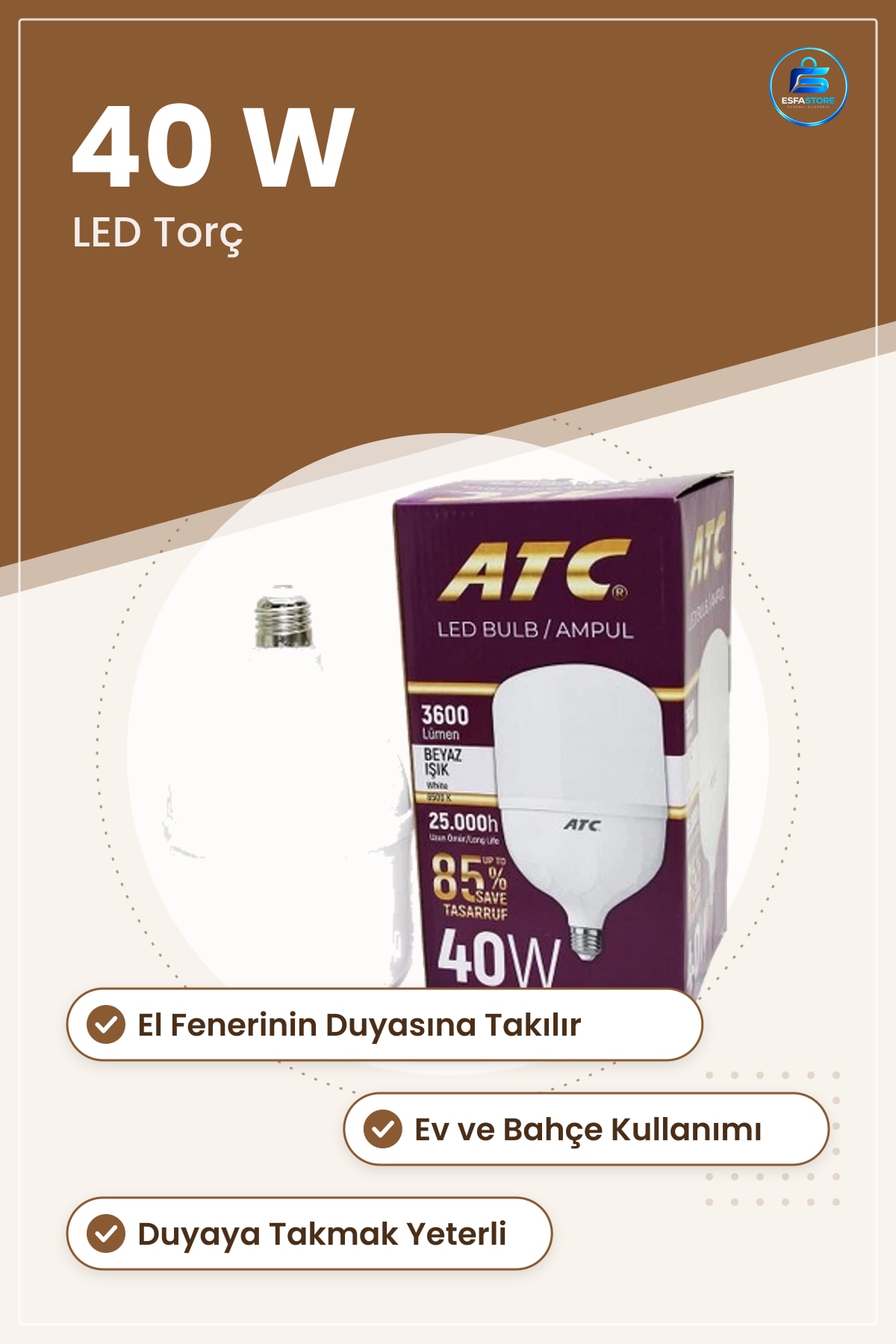 40 W LED Torç Ampul El Feneri İçin Yüksek Aydınlatmalı Ev ve Bahçe Kullanımına Uygun