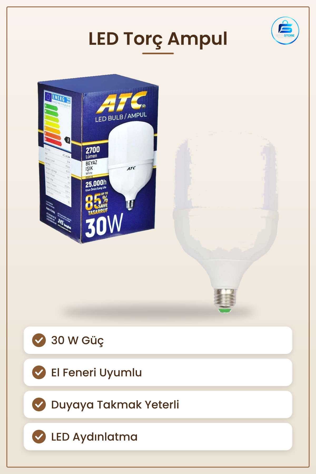 30 W LED Torç Ampul El Feneri Uyumlu Yüksek Güç Aydınlatma Ev ve Bahçe Kullanımı İçin