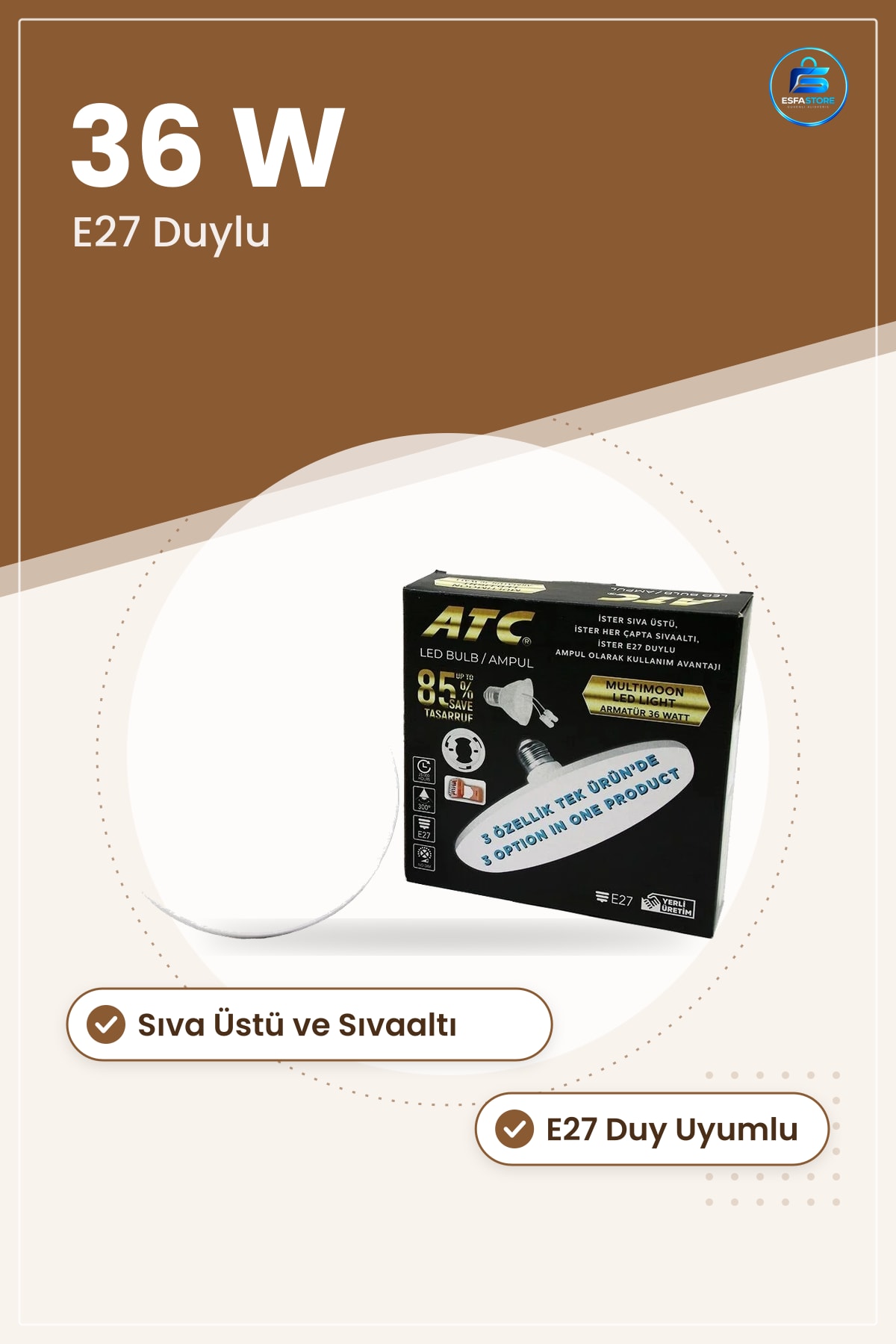 UFO LED Ampul 36 W 3 Özellikli Sıva Üstü Sıvaaltı E27 Duylu Aydınlatma Ev Ofis Enerji Tasarruflu