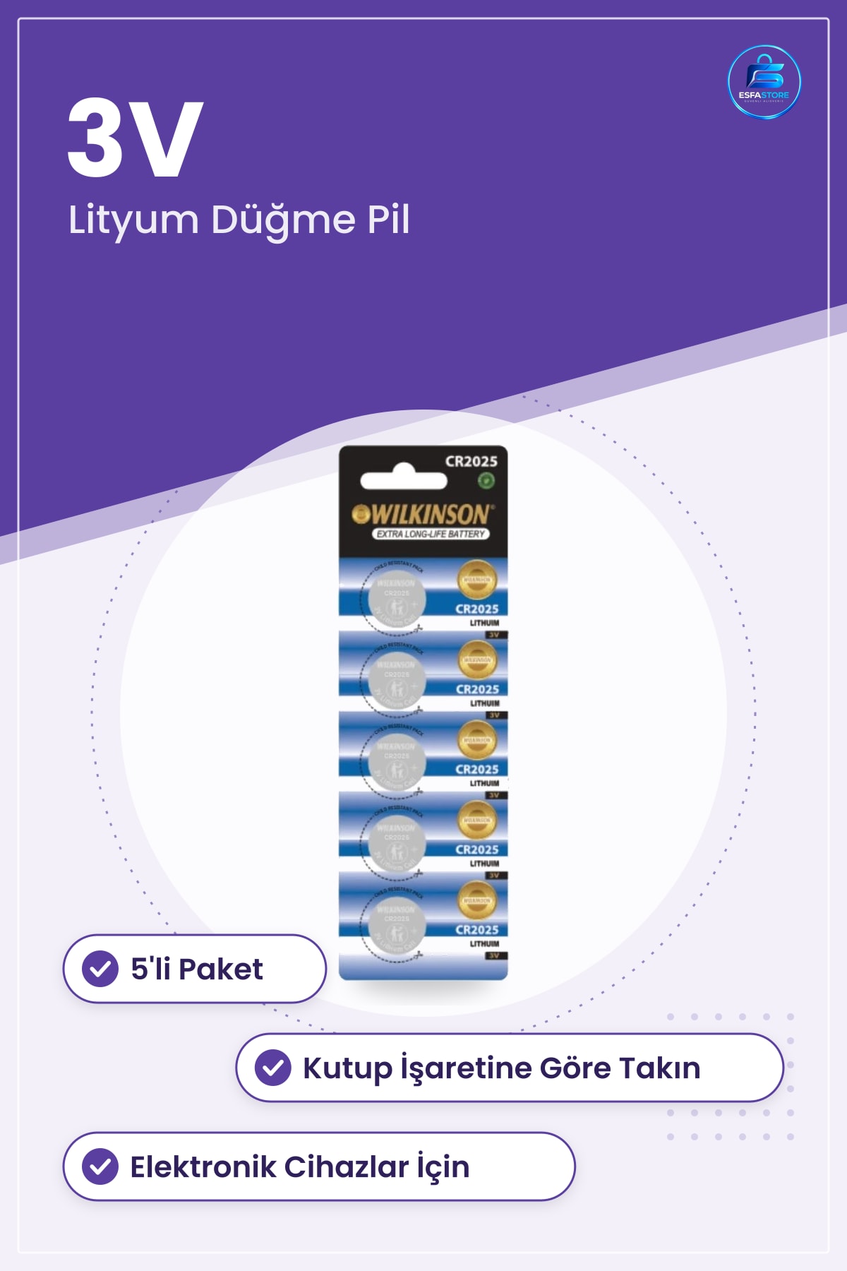 Pil CR2025 3V Lityum Düğme Tip 5'li Paket Elektronik Cihazlar İçin Ofis Kullanımına Uygun