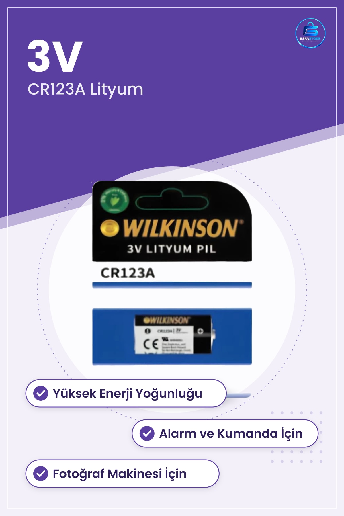Lityum Pil CR123A 3V Yüksek Enerji Yoğunluklu Alarm Kumanda ve Fotoğraf Makinesi Pili