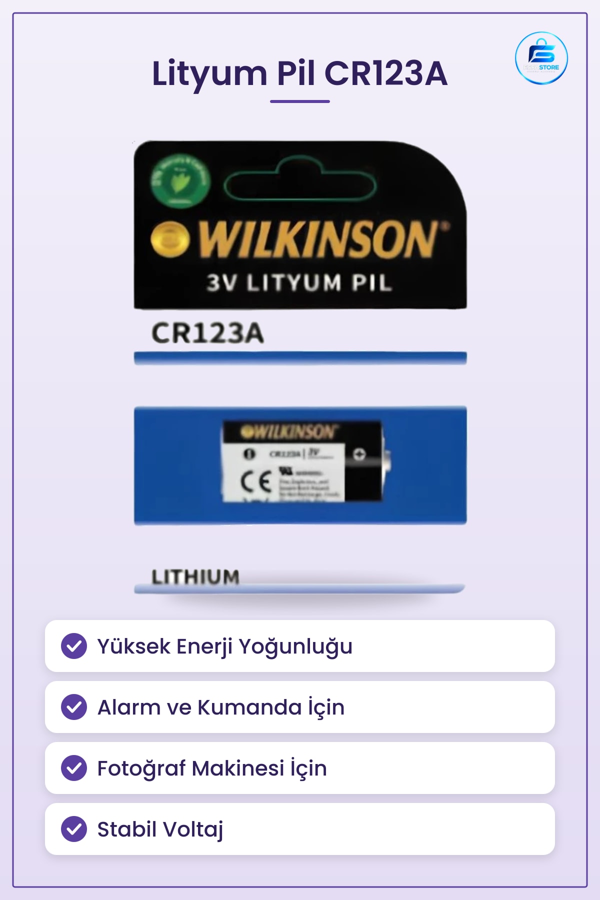 Lityum Pil CR123A 3V Yüksek Enerji Yoğunluklu Alarm Kumanda ve Fotoğraf Makinesi Pili