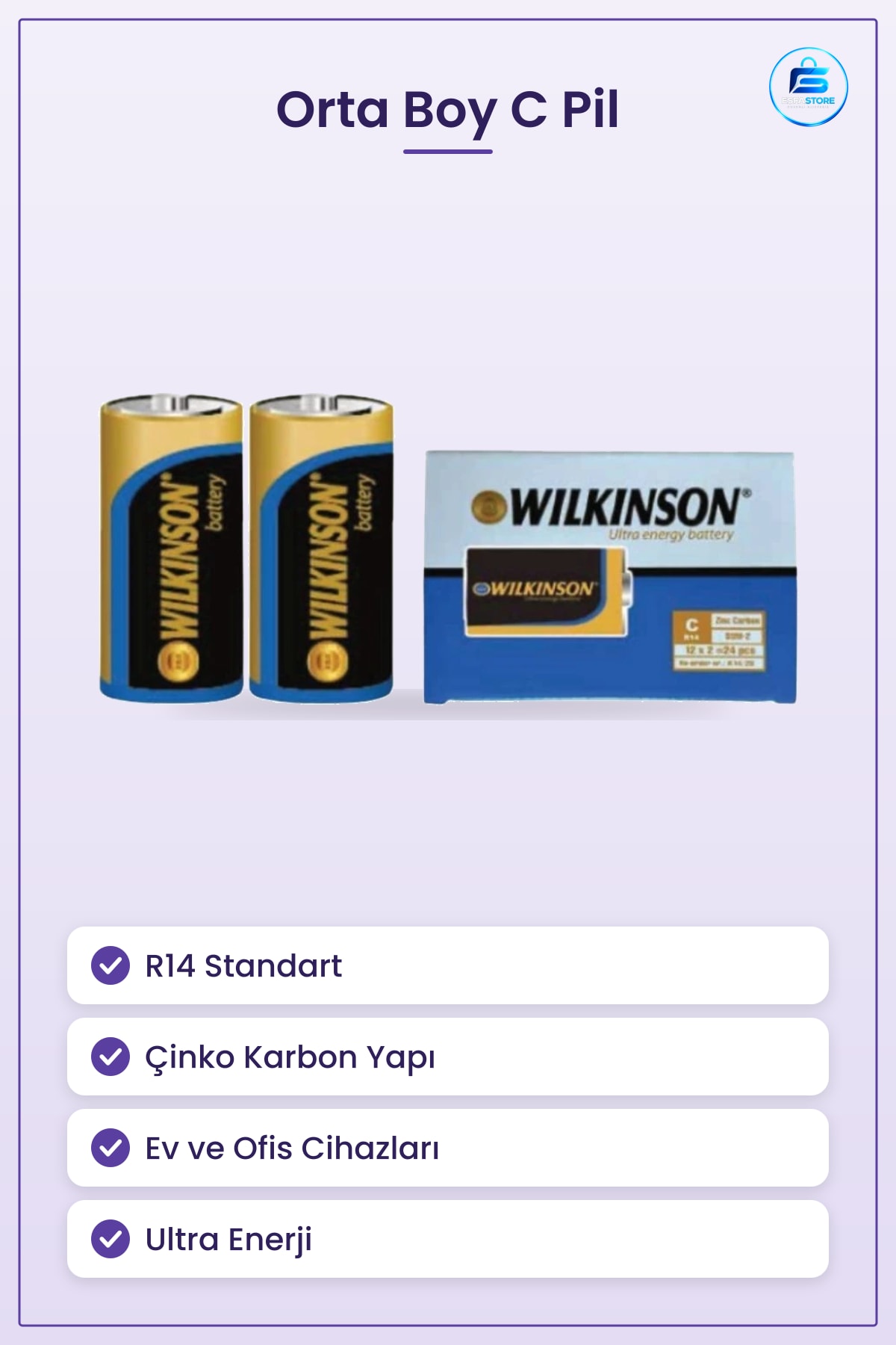 Orta Boy C Pil R14 Çinko Karbon Ultra Enerji Günlük Elektronik Cihazlar İçin Ofis Ev Kullanımı