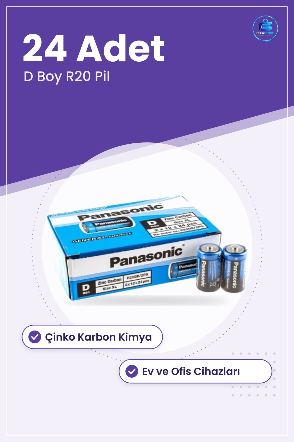 Genel Amaçlı D Boy R20 Çinko Karbon Büyük Pil 24 Adet Ev ve Ofis Cihazları İçin Kullanım