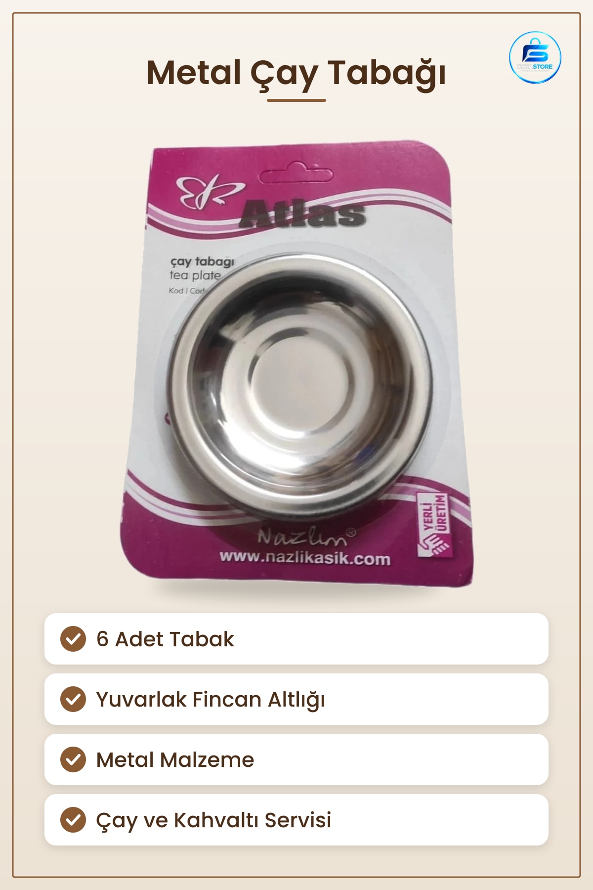 Metal Çay Tabağı 6'lı Fincan Altlığı Sofra Takımı Mutfak Servisi Yuvarlak Kahvaltı