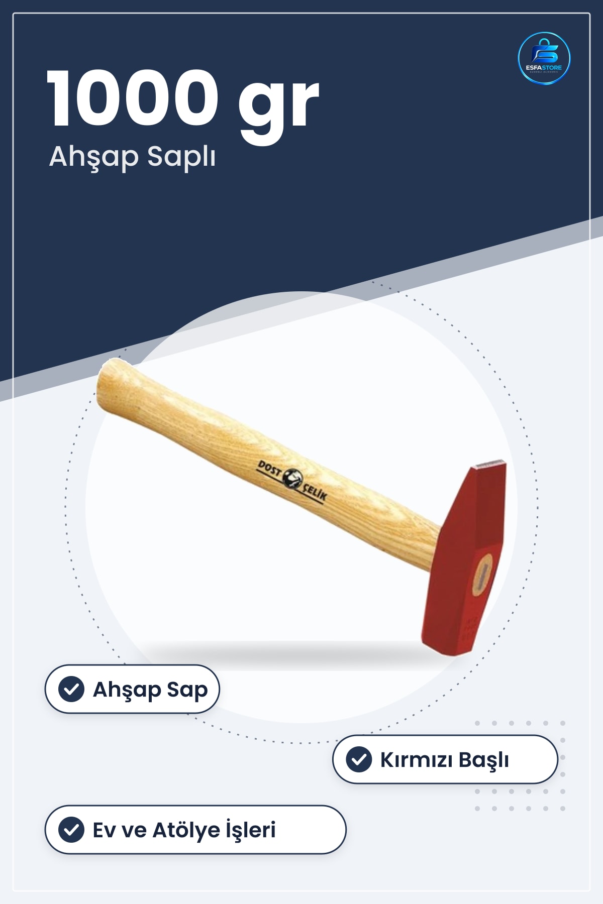 Çekiç 1000 gr Ahşap Saplı Manuel El Aleti Hırdavat Tamir Ev Atölye Montaj İşleri Kırmızı Başlı