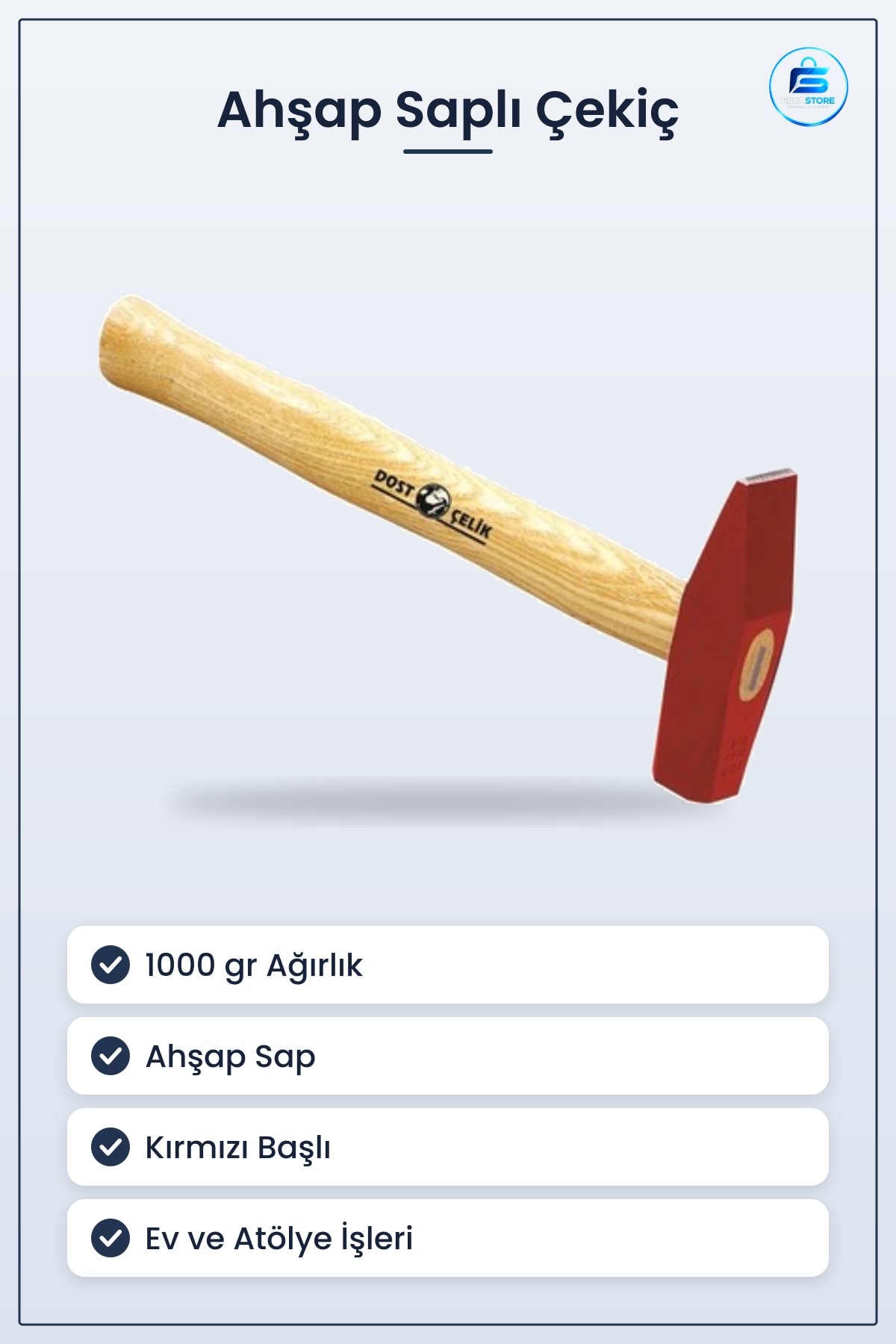 Çekiç 1000 gr Ahşap Saplı Manuel El Aleti Hırdavat Tamir Ev Atölye Montaj İşleri Kırmızı Başlı