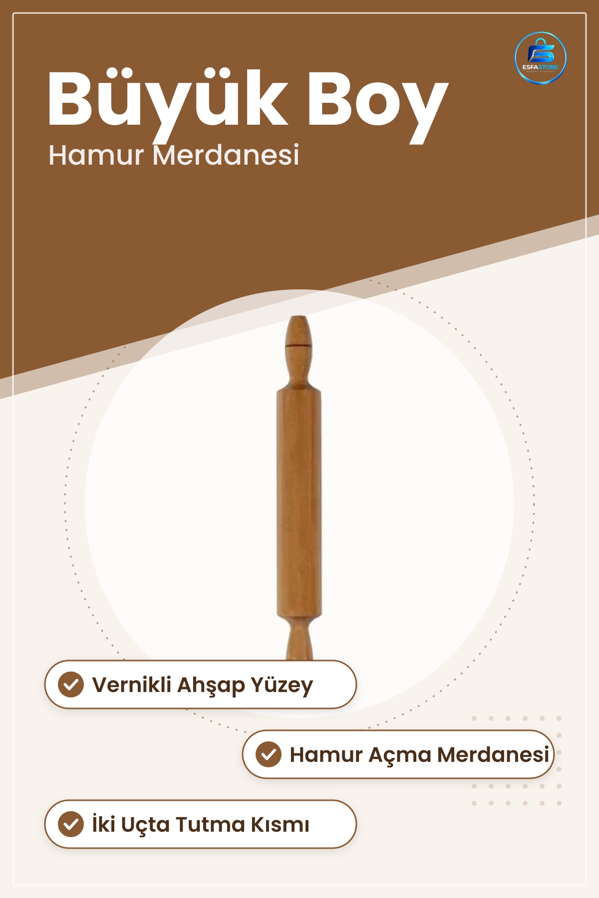 Vernikli Ahşap Oklava Büyük Boy Hamur Açma Merdanesi Mutfak Pasta Börek Hazırlığı İçin