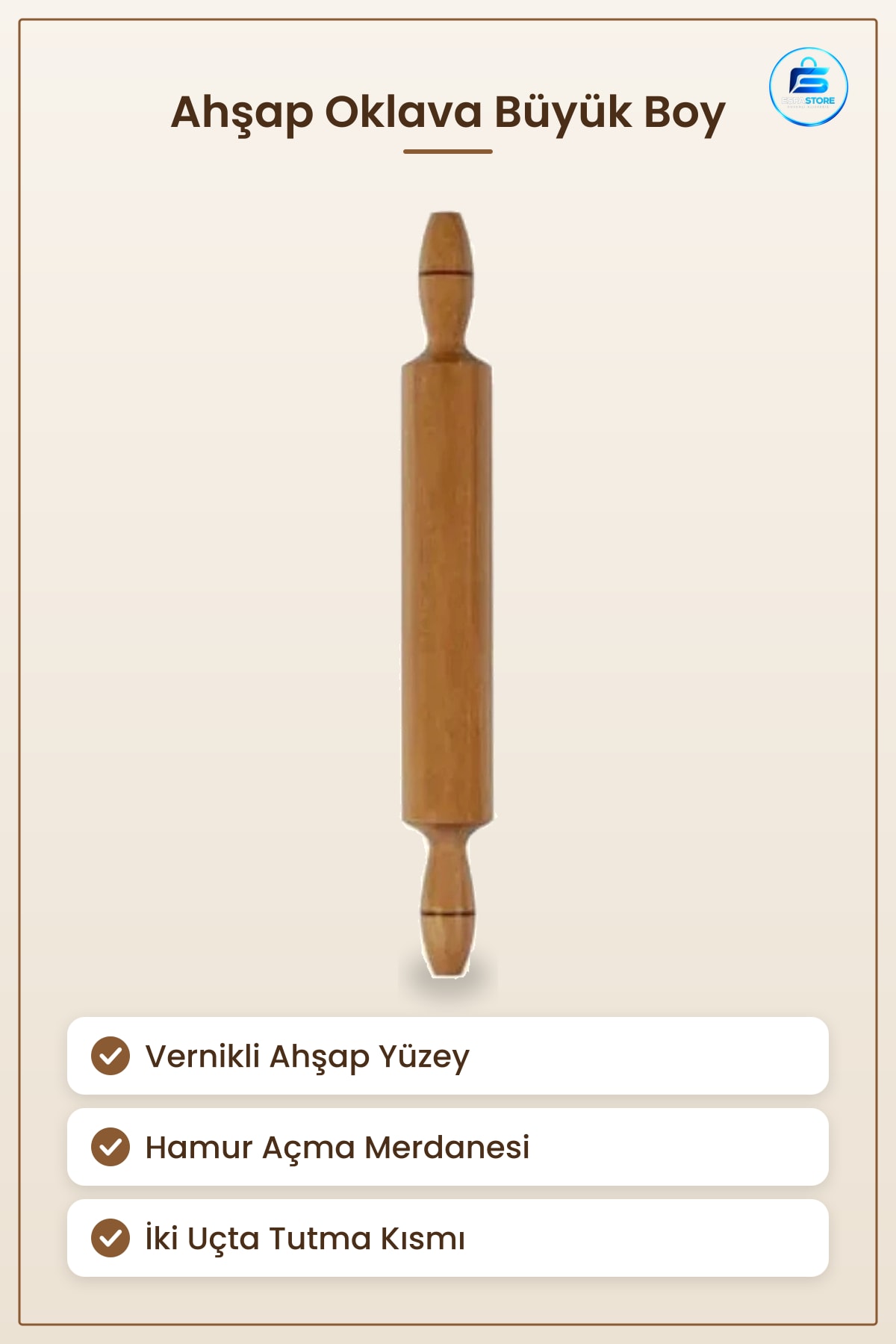 Vernikli Ahşap Oklava Büyük Boy Hamur Açma Merdanesi Mutfak Pasta Börek Hazırlığı İçin
