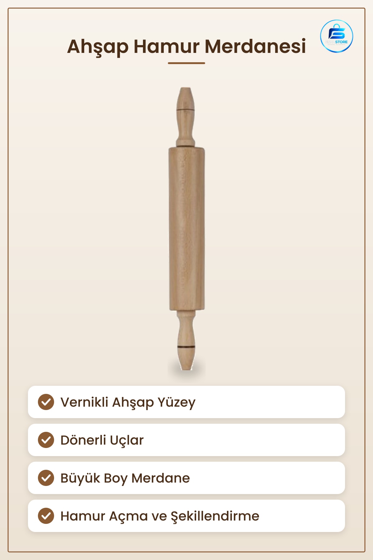 Hamur Şekillendirici Vernikli Dönerli Büyük Merdane Ahşap Mutfak Açma Aracı Pratik Kullanım