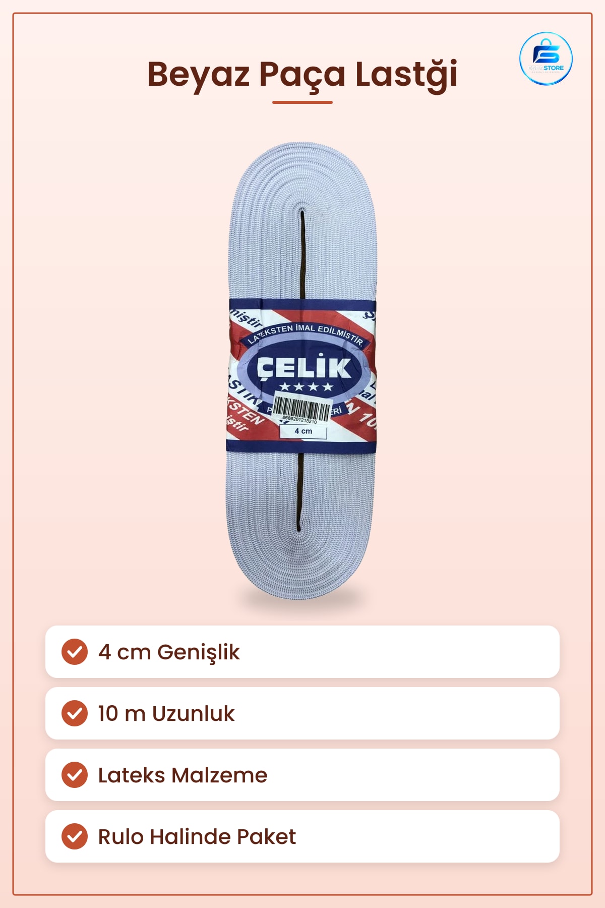 Beyaz Paça Lastiği 10 m 4 cm Lateks Dekoratif Şerit Dikiş Terzilik Hobi Malzemesi