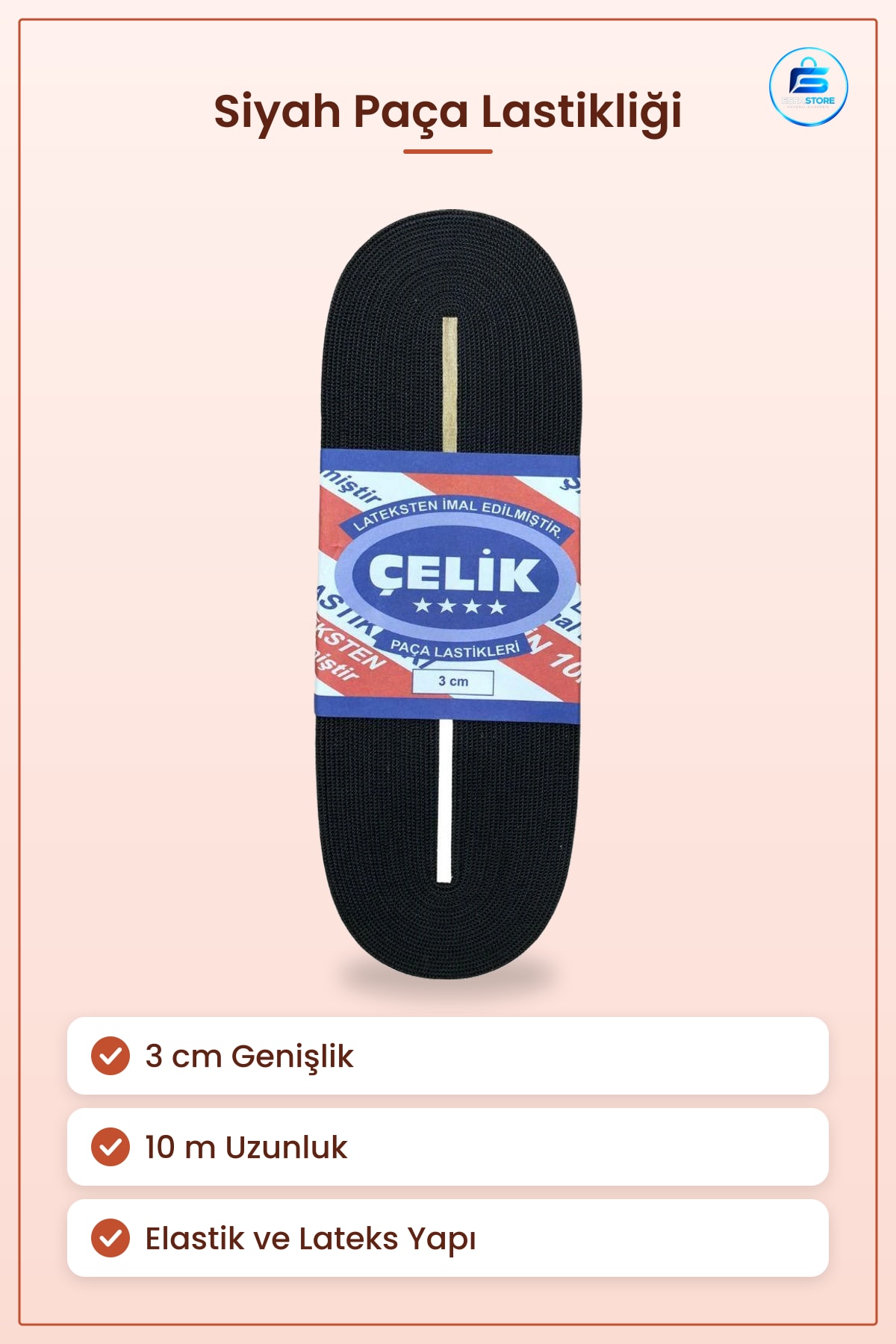 Siyah Paça Lastiği 3 cm 10 m Dekoratif Elastik Şerit Lastik Dikiş Tekstil Hobi Malzemesi