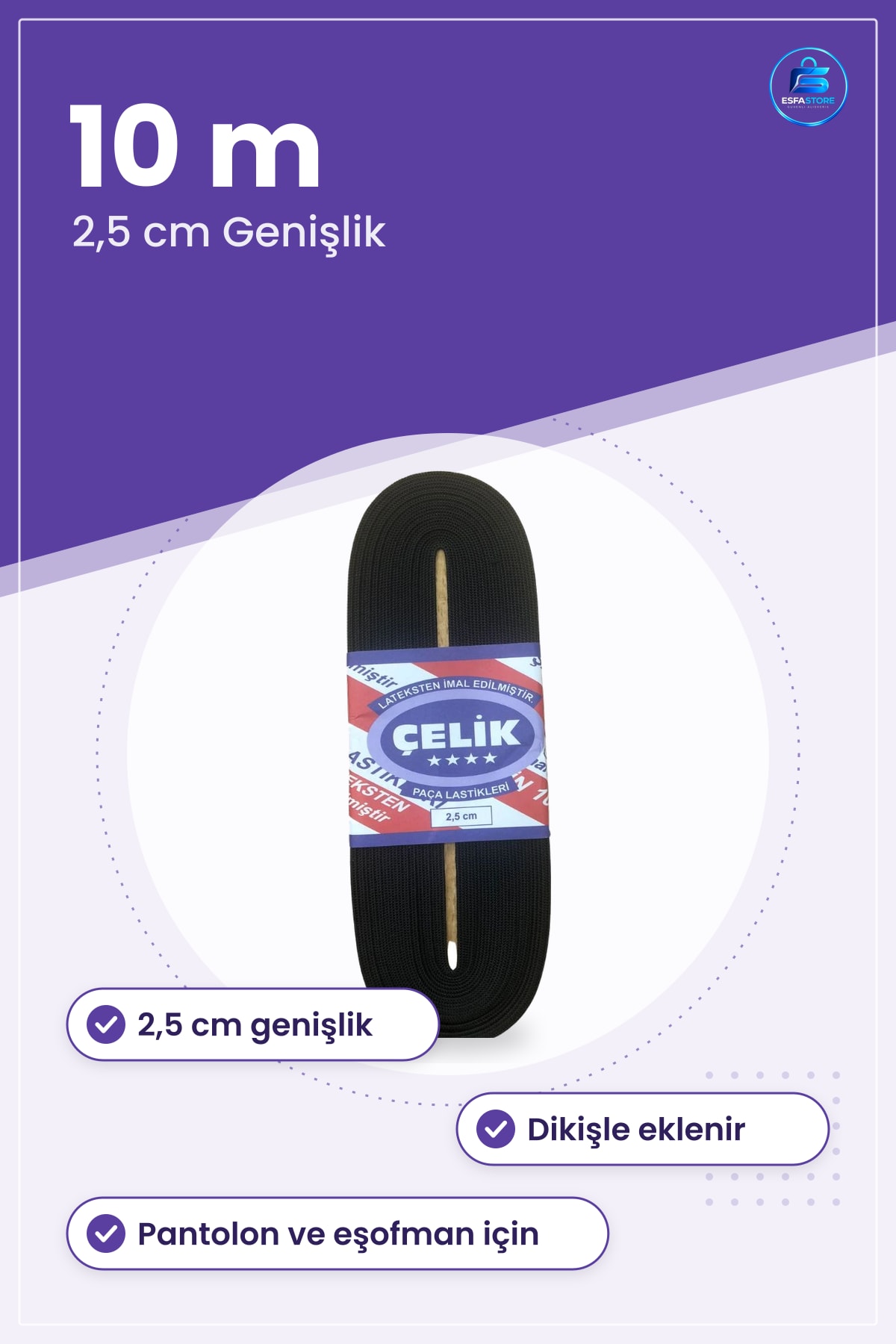Siyah Paça Lastiği 10 m 2,5 cm Pantolon Kumaş Dikiş El İşi Malzemesi Kıyafet Kenar Sabitleme