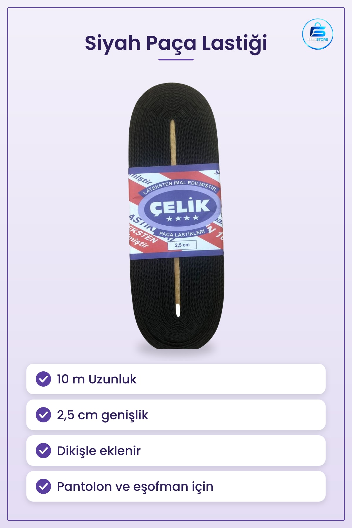 Siyah Paça Lastiği 10 m 2,5 cm Pantolon Kumaş Dikiş El İşi Malzemesi Kıyafet Kenar Sabitleme