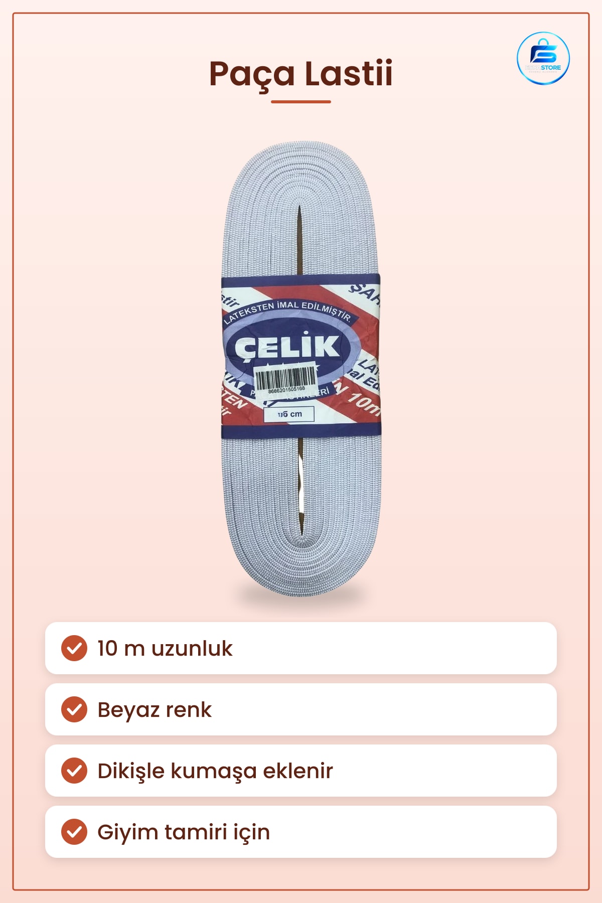 Paça Lastiği Beyaz 10 m 2 cm Elastik Şerit Dikişlik Giyim Tamiri Pantolon Paçası Bant