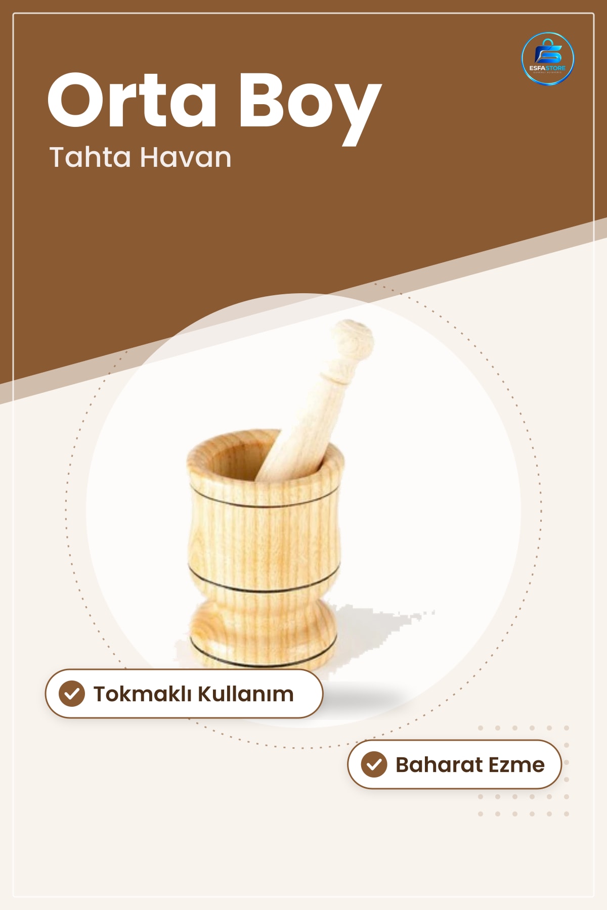 Orta Boy Tahta Havan Tokmaklı Mutfak Baharat Ezme Yemek Hazırlık Sofra Malzemesi Ahşap