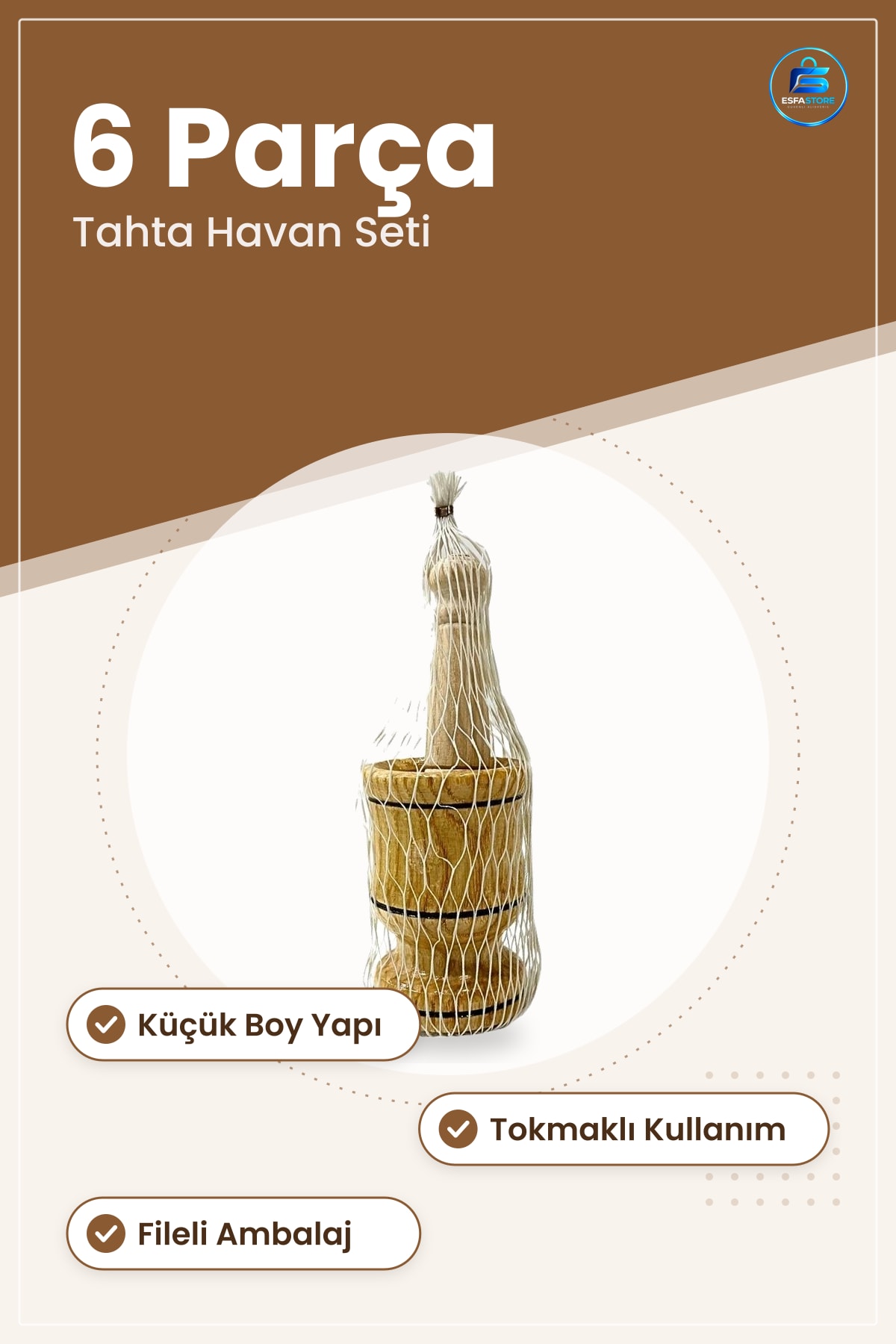 Küçük Tahta Havan Fileli 6 Parça Mutfak Baharat Ezme Yemek Hazırlık Sofra Malzemesi