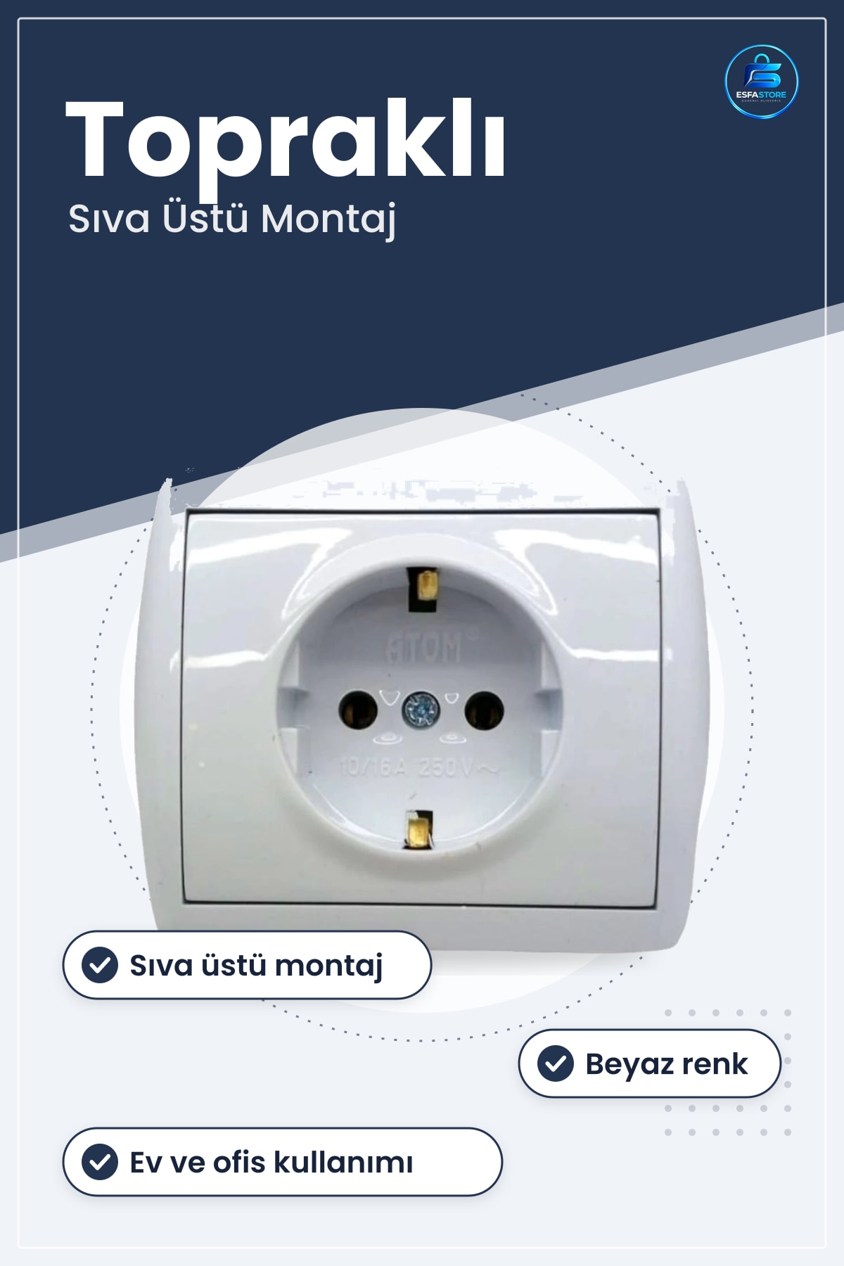 Sıva Üstü Topraklı Priz Ev Ofis Duvar Elektrik Tesisat Malzemesi Cihaz Bağlantı Noktası Beyaz