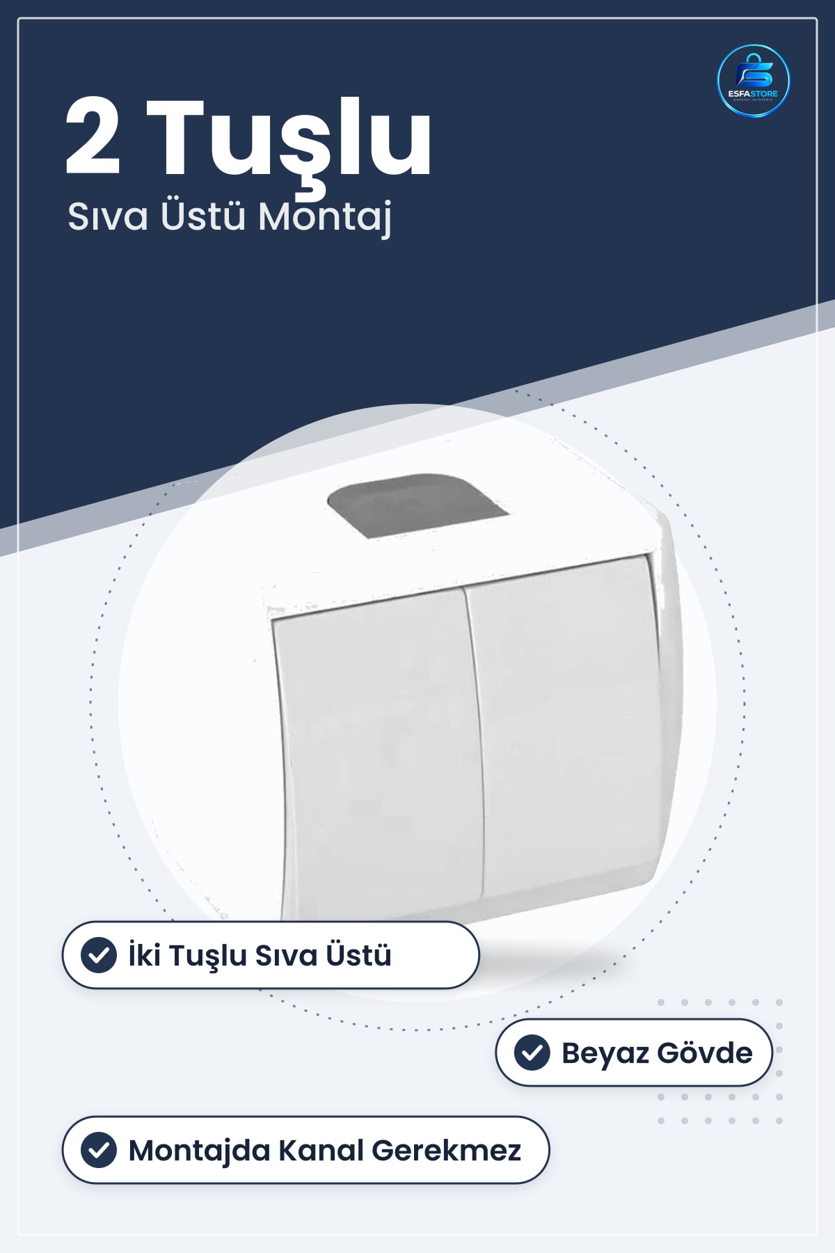 Komütatör Çiftli Sıva Üstü Lamba Anahtarı Beyaz Aydınlatma ve Cihaz Kontrolü İçin Elektrik Tesisat