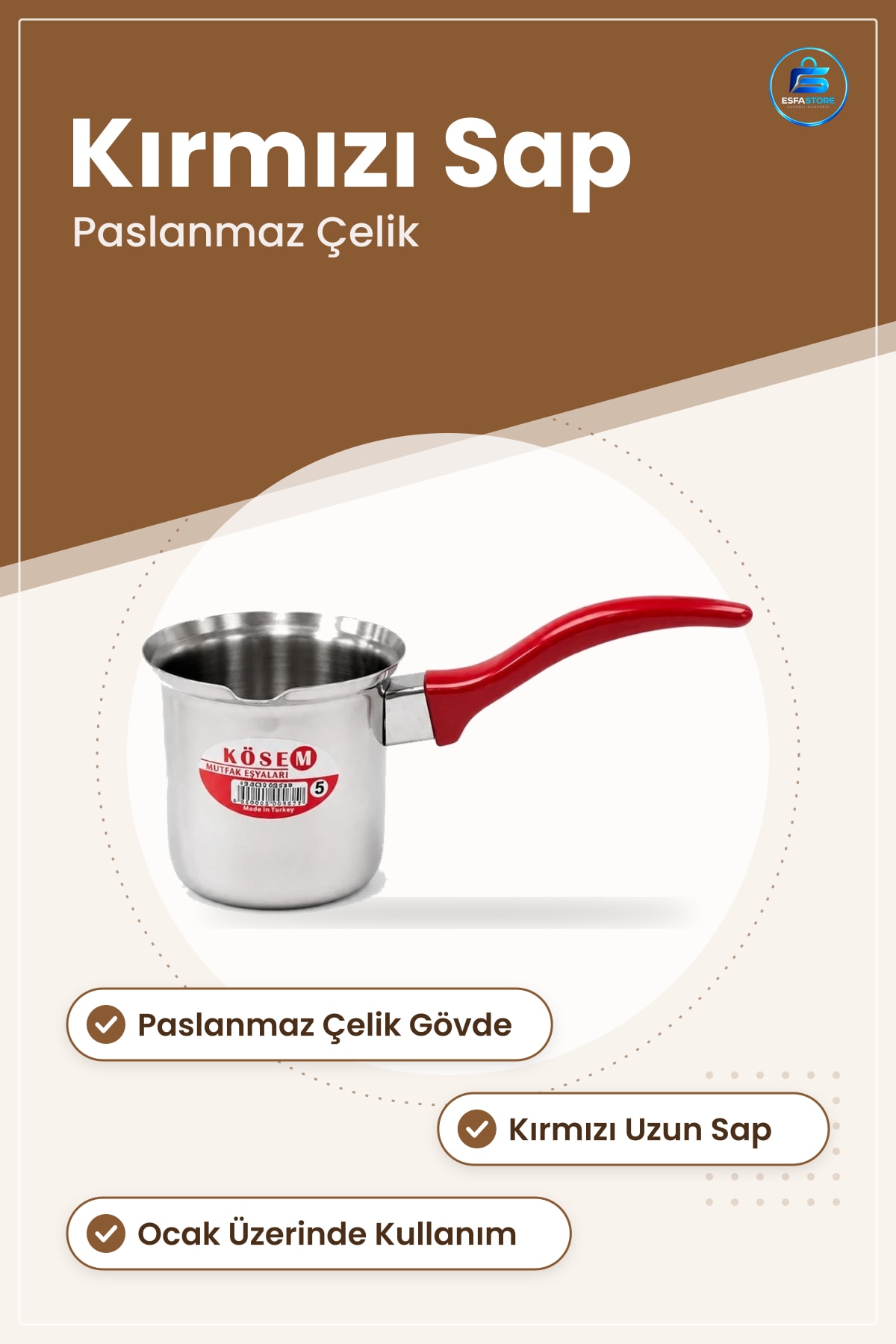 Klasik Cezve Türk Kahvesi İçin Paslanmaz Çelik Kırmızı Saplı Ev Mutfak Pişirme Kabı