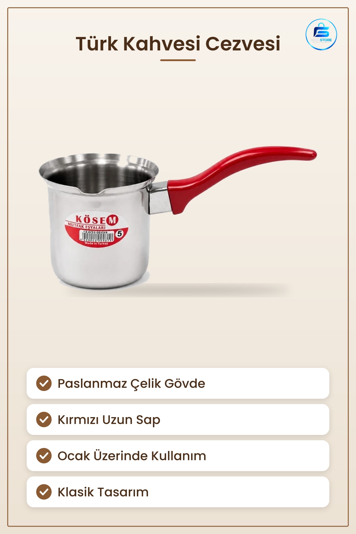 Klasik Cezve Türk Kahvesi İçin Paslanmaz Çelik Kırmızı Saplı Ev Mutfak Pişirme Kabı