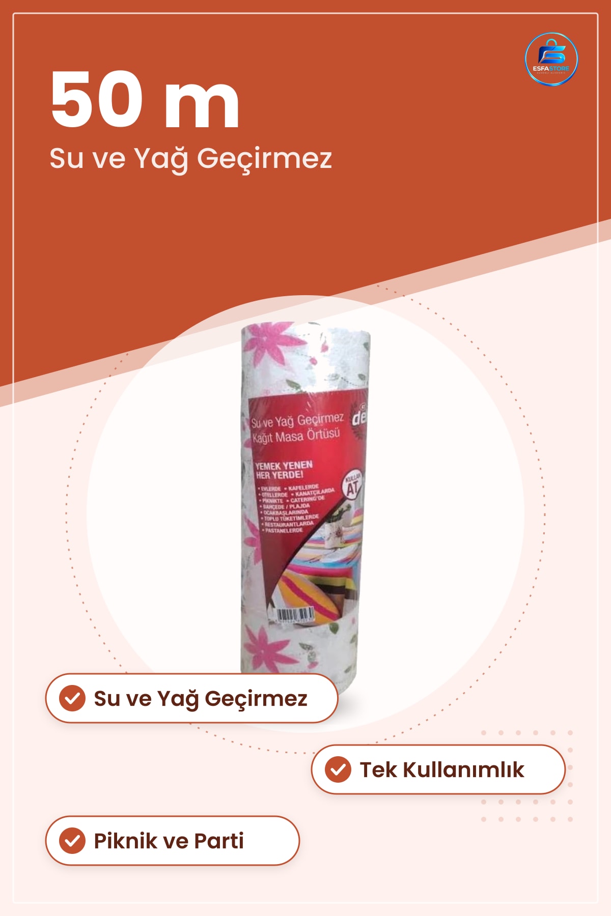 Kullan At Masa Örtüsü 50 m Su ve Yağ Geçirmez Kağıt Rulo Piknik Parti Tek Kullanımlık
