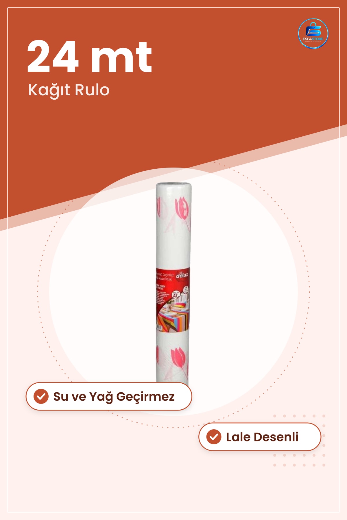 Kullan At Masa Örtüsü 24 mt Su ve Yağ Geçirmez Kağıt Rulo Lale Desenli Piknik Parti