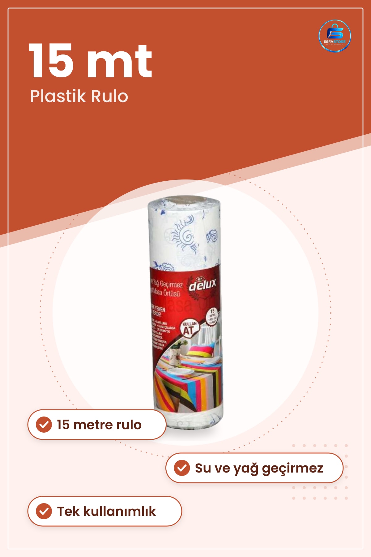 Kullan At Masa Örtüsü 15 mt Plastik Rulo Yağ Geçirmez Yemek Parti Etkinlik Hazırlık