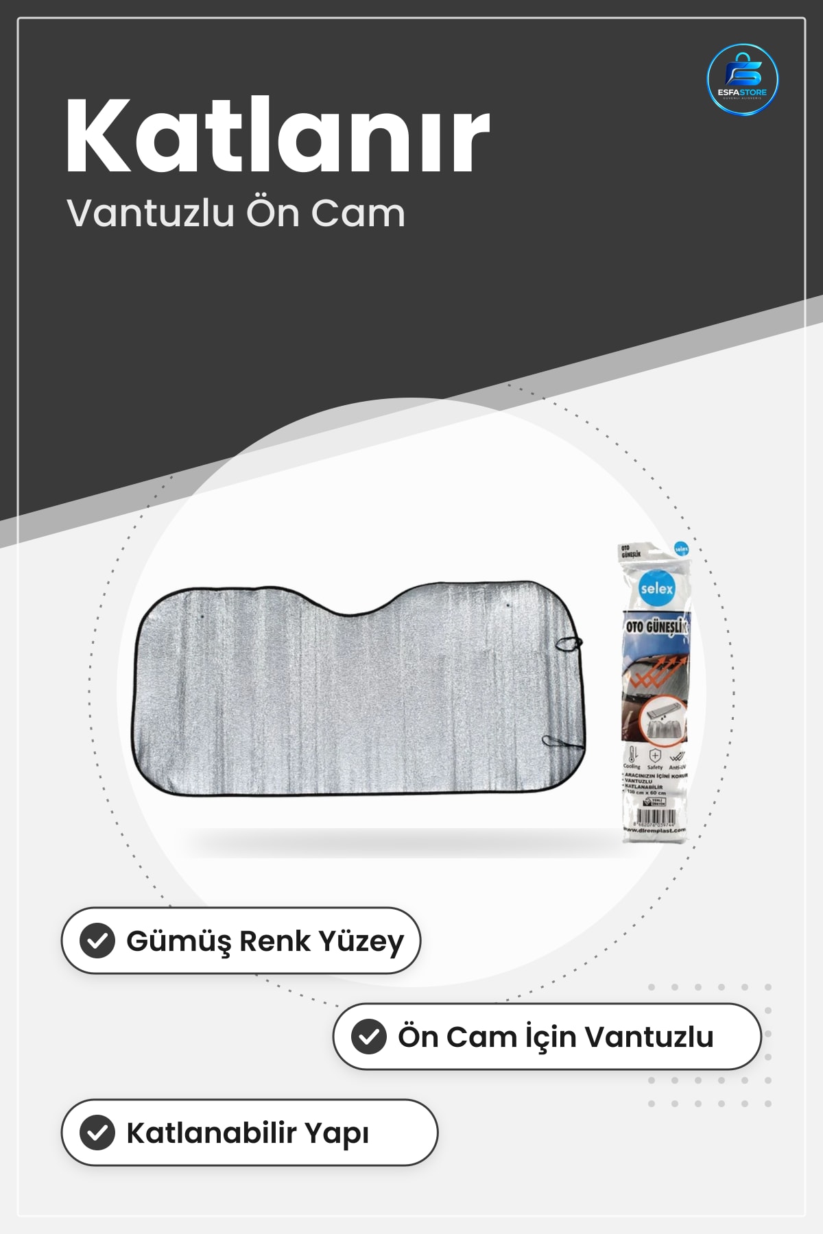 Oto Güneşlik Ön Cam Araç İçi Güneş Koruyucu Vantuzlu Katlanabilir Gümüş Renk Perdesi