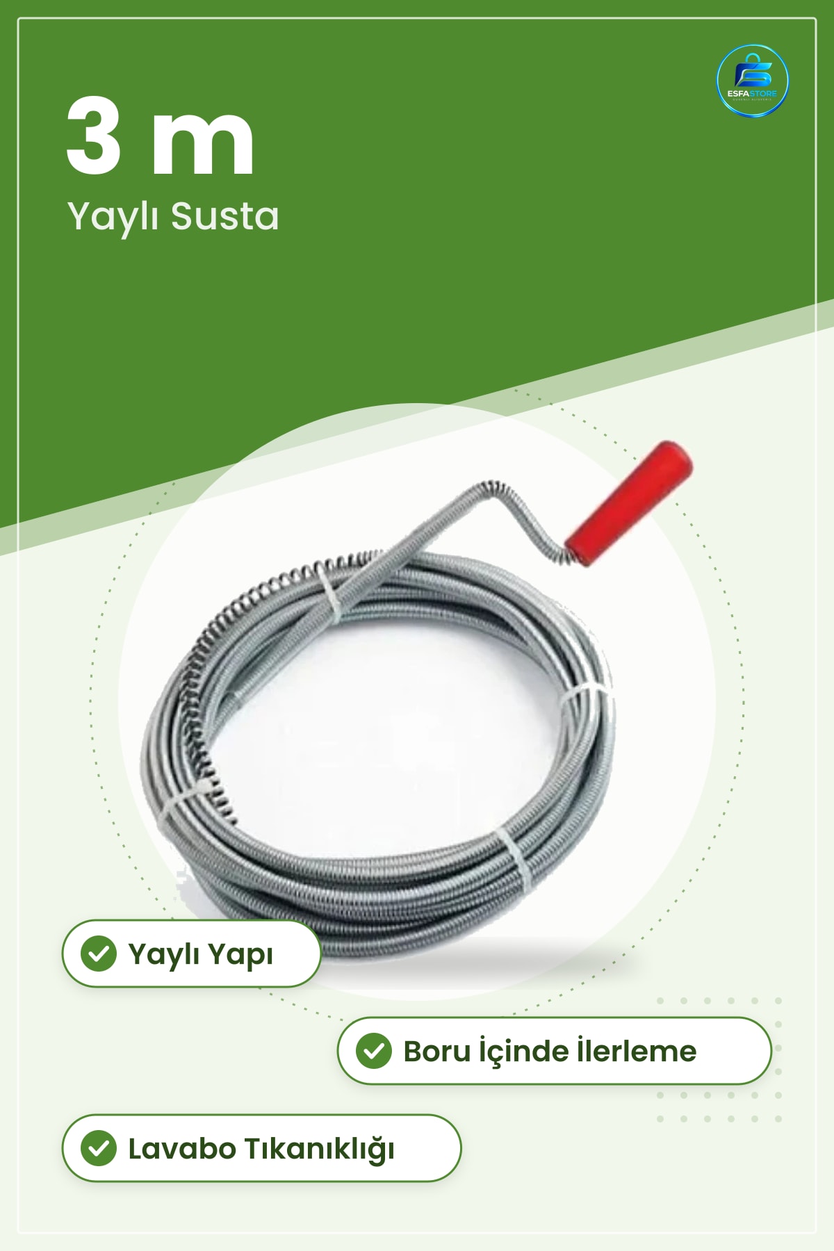Lavabo Açıcı Sustası 3 m Yaylı Boru Tıkanıklık Açma Aleti Mutfak ve Banyo Hırdavat